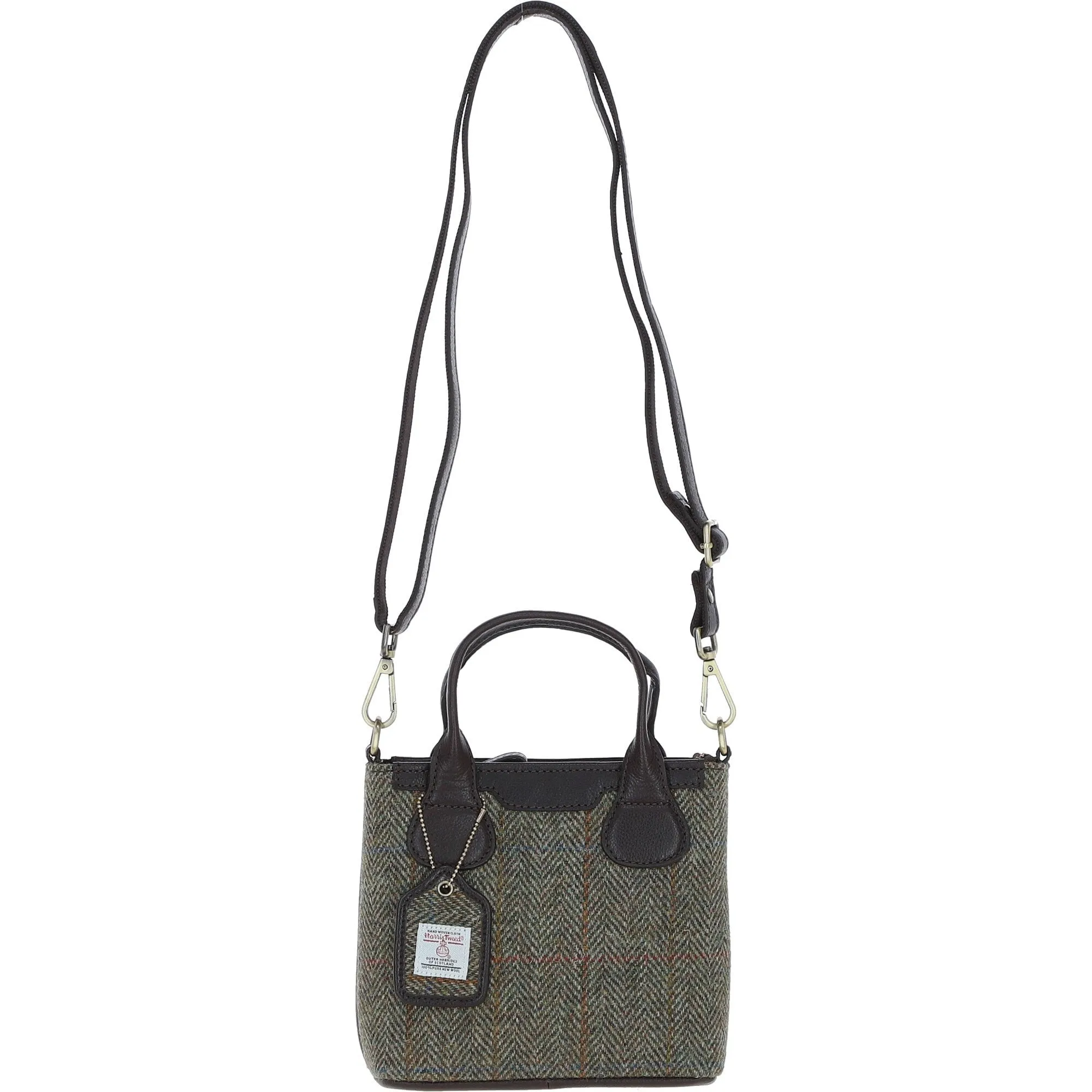 Ashwood Leather x Harris Tweed Handbag with Removable Crossbody Strap Brown/Green: TW-21-09-BG