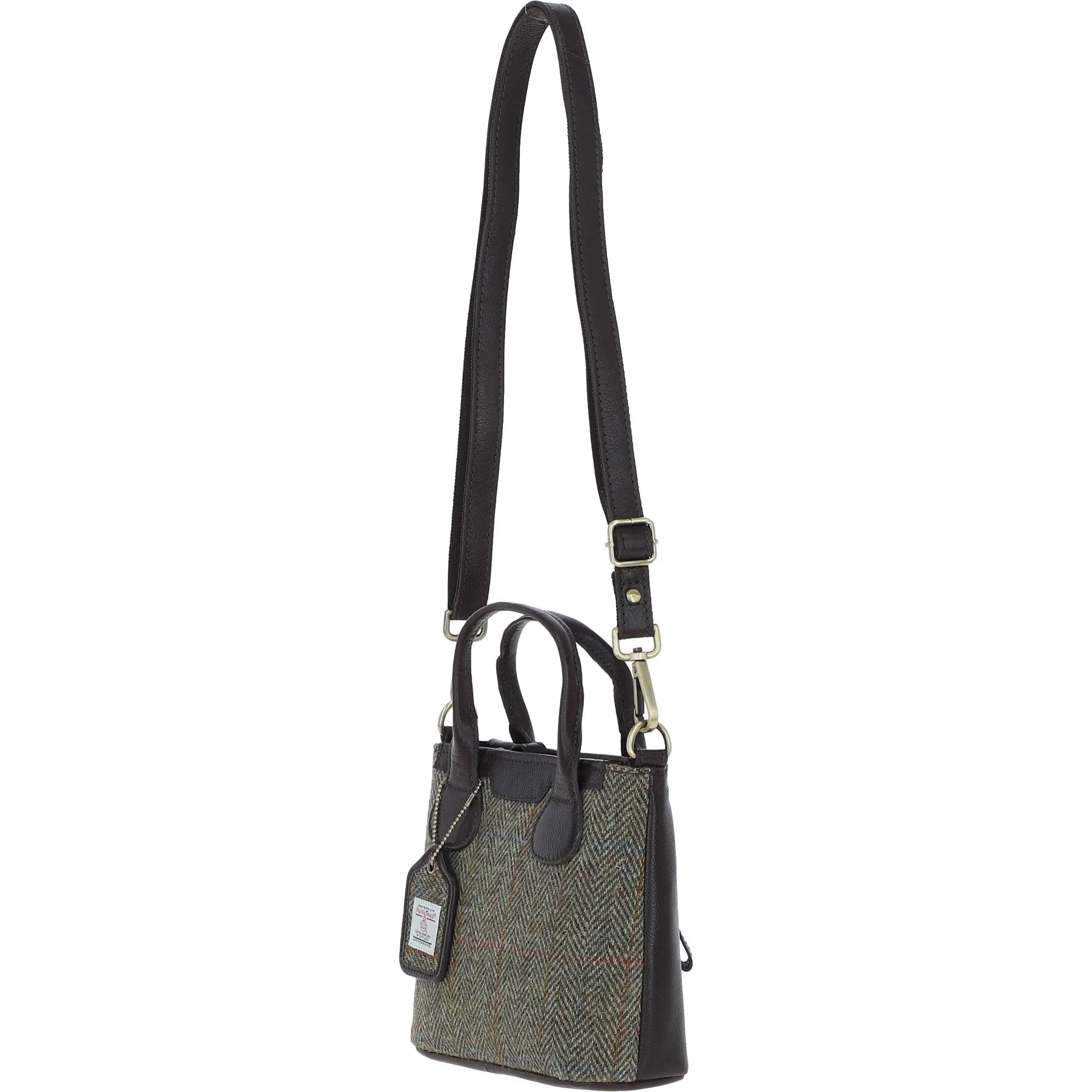 Ashwood Leather x Harris Tweed Handbag with Removable Crossbody Strap Brown/Green: TW-21-09-BG