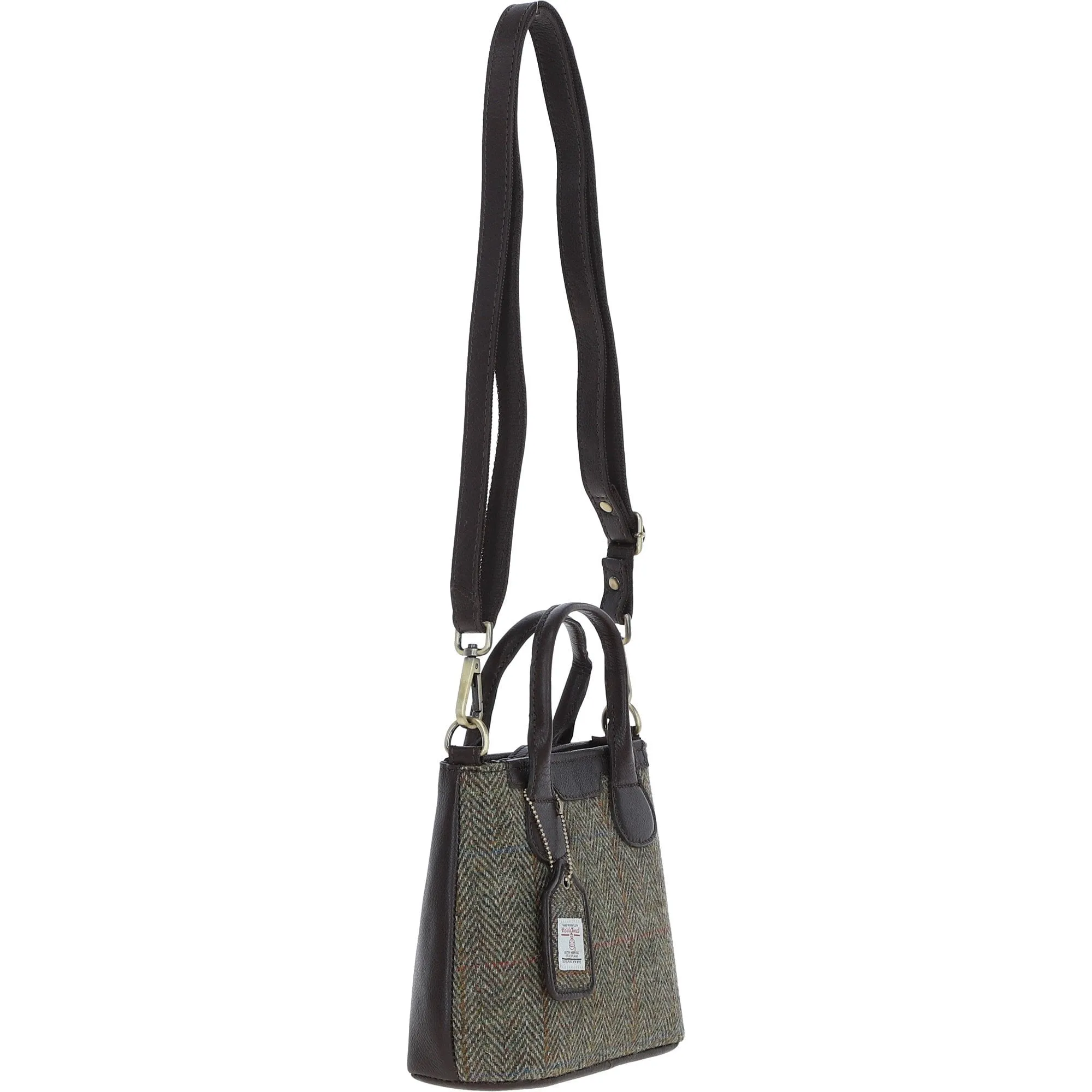 Ashwood Leather x Harris Tweed Handbag with Removable Crossbody Strap Brown/Green: TW-21-09-BG