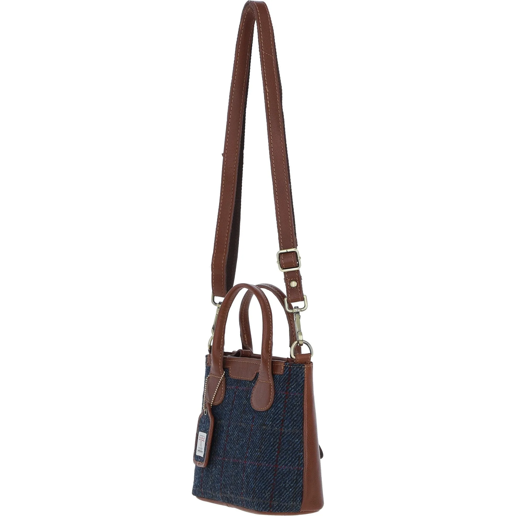 Ashwood Leather x Harris Tweed Handbag with Removable Crossbody Strap Tan/Navy: TW-21-011-TN