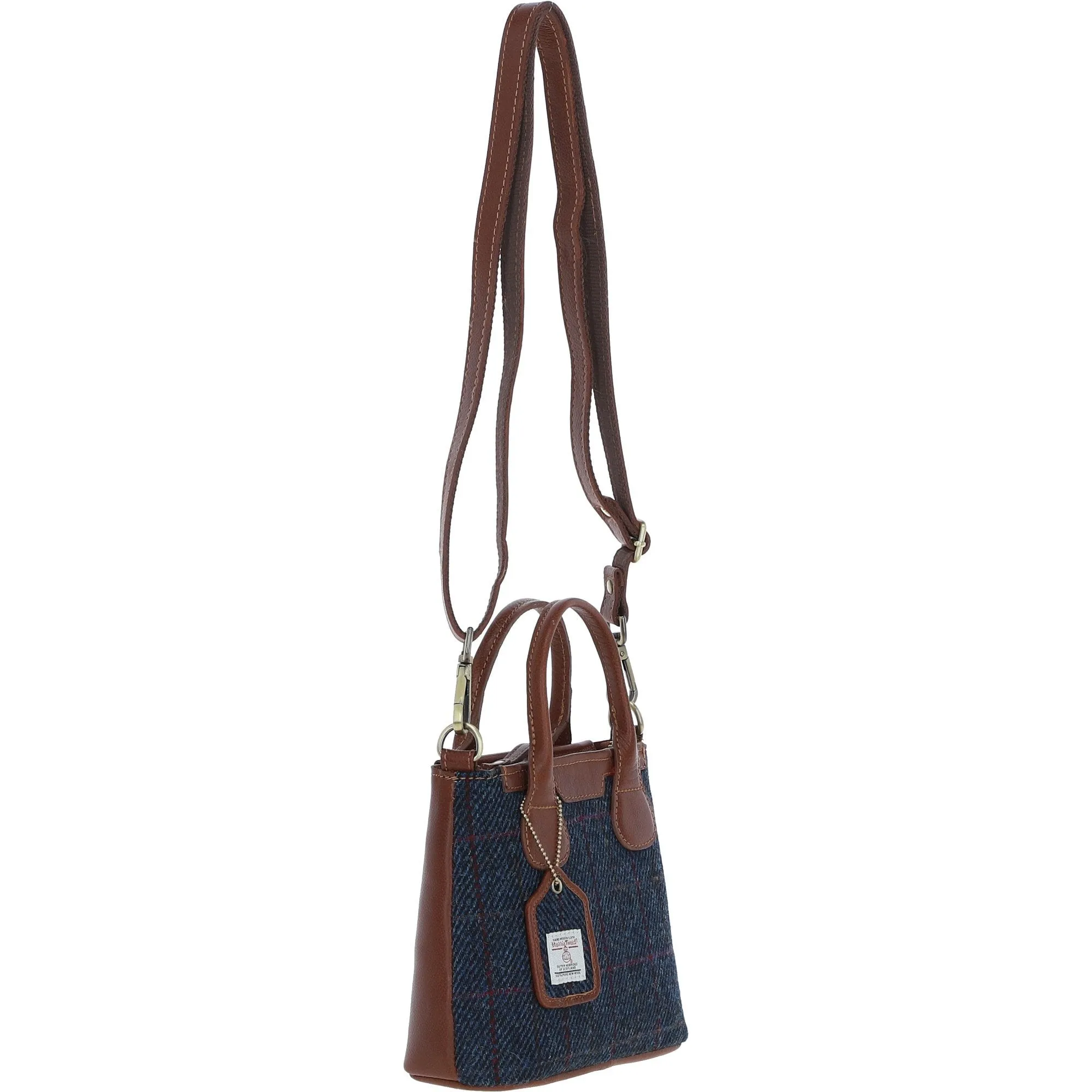 Ashwood Leather x Harris Tweed Handbag with Removable Crossbody Strap Tan/Navy: TW-21-011-TN