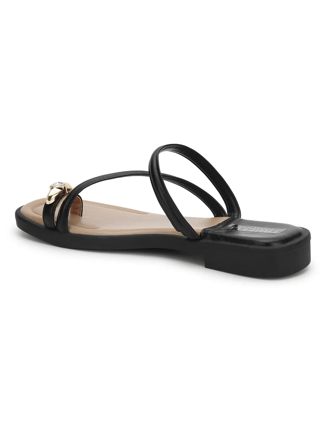 Black PU Diamond Toe Ring Slip-On Flats (TC-RS3595-BLK)