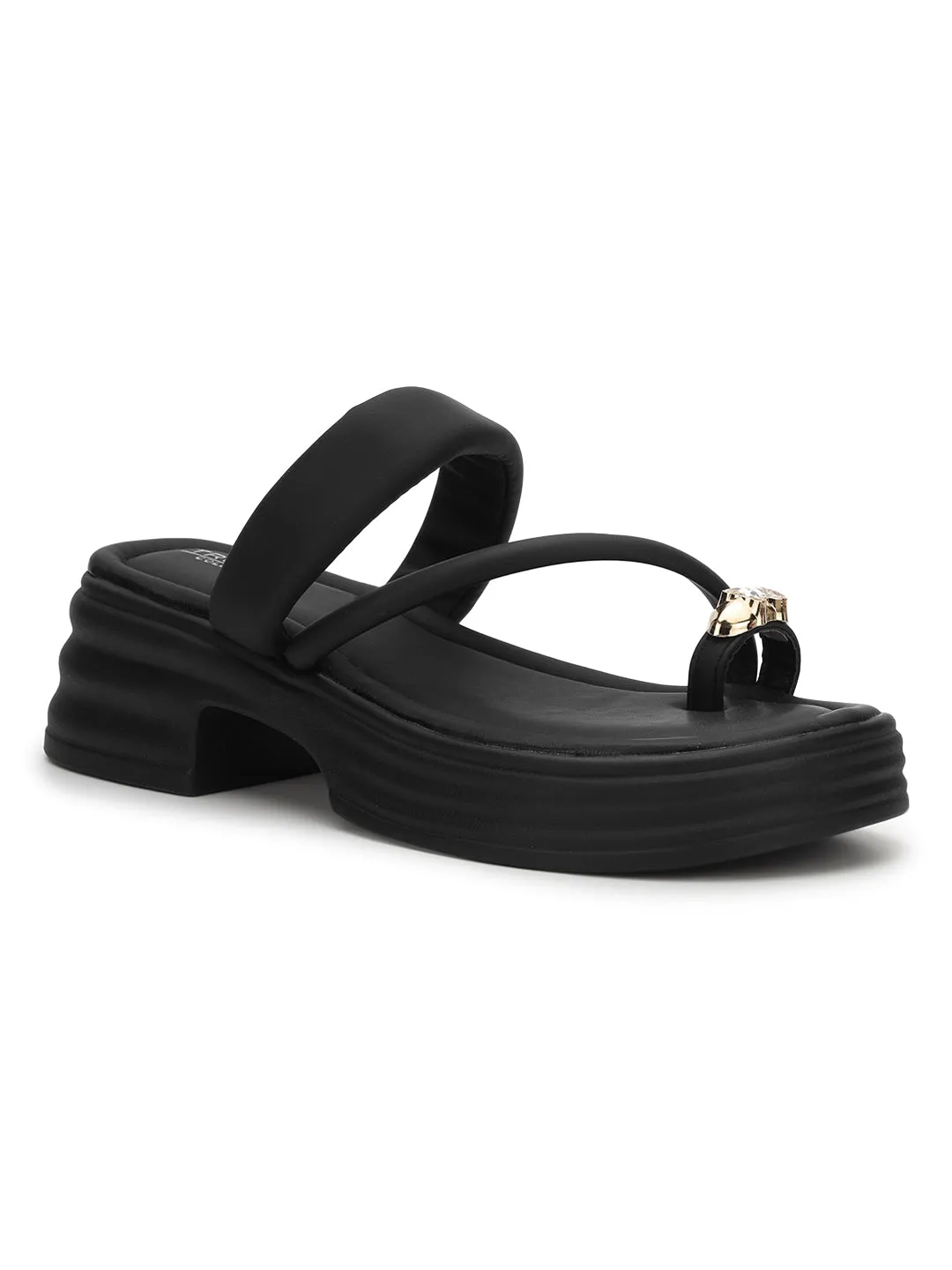 Black PU Diamond Toe Ring Slip-On Flats (TC-RS3596-BLK)