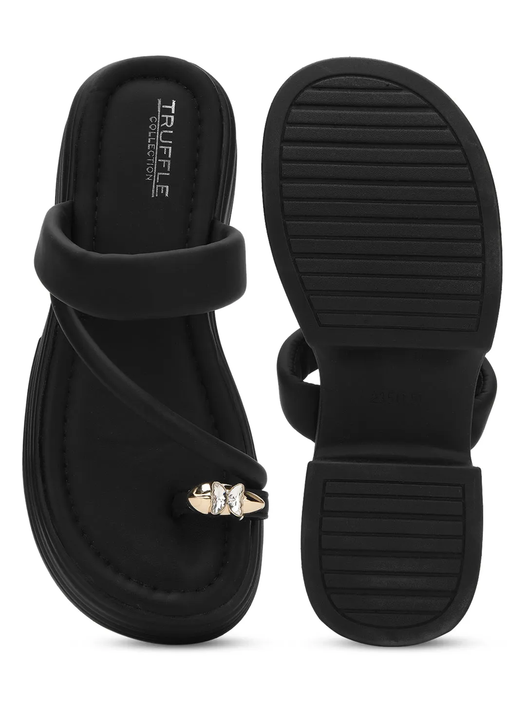 Black PU Diamond Toe Ring Slip-On Flats (TC-RS3596-BLK)