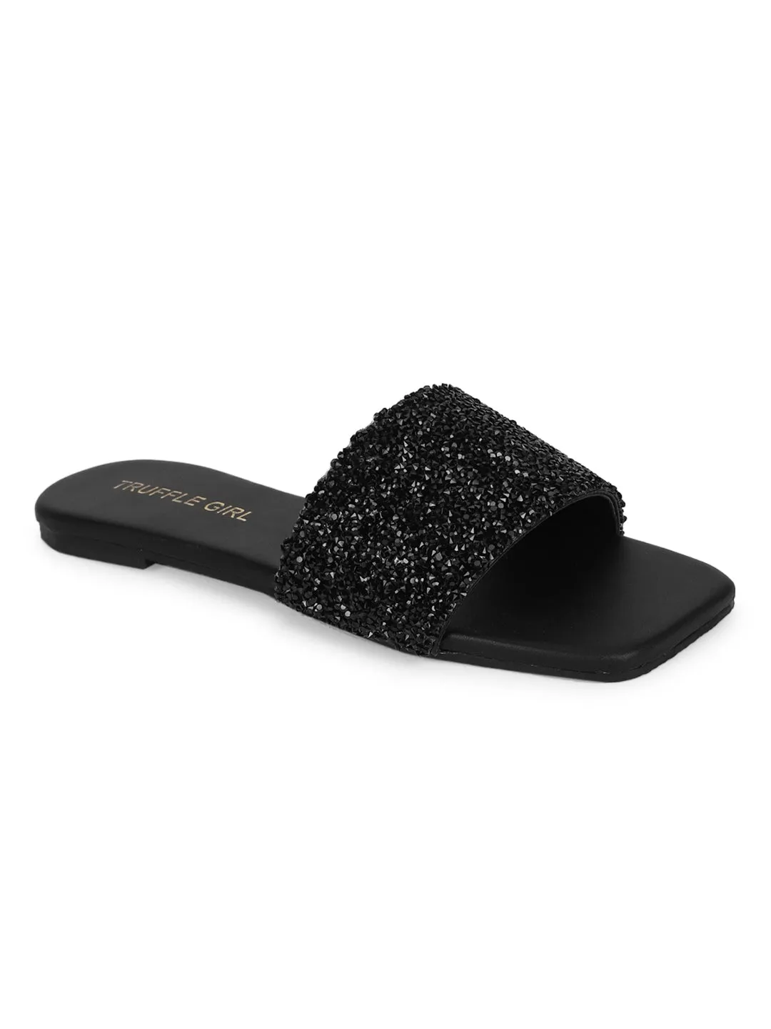 Black PU Sequin Glitter Strap Slip On Flats (TC-ST-1211-BLK)