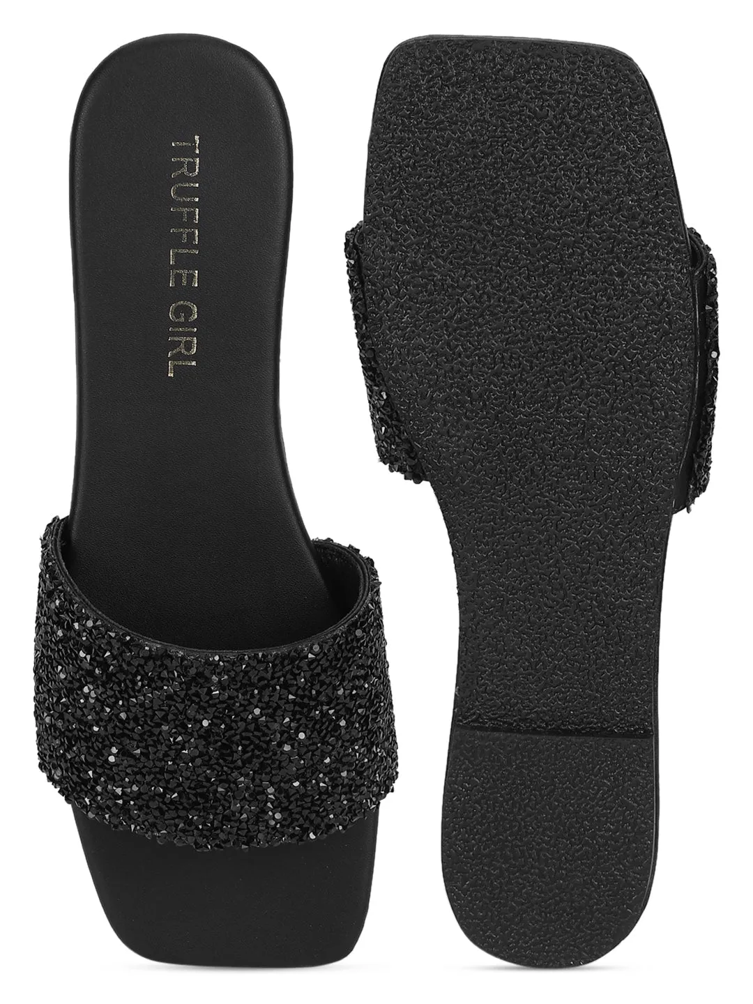 Black PU Sequin Glitter Strap Slip On Flats (TC-ST-1211-BLK)