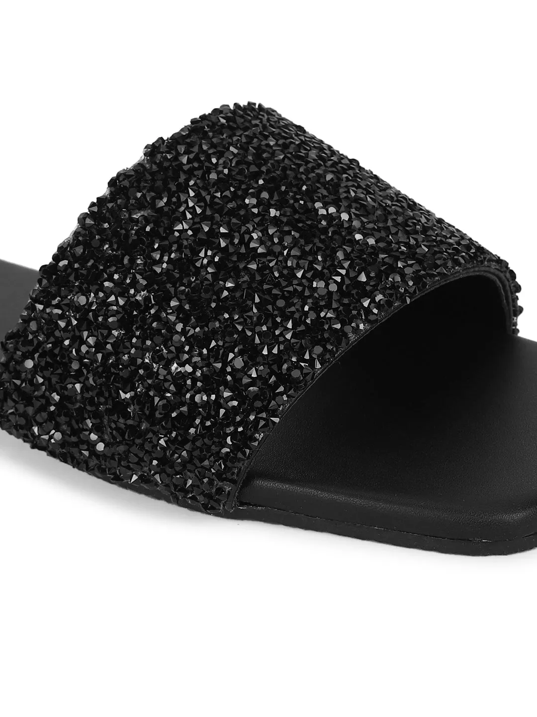 Black PU Sequin Glitter Strap Slip On Flats (TC-ST-1211-BLK)