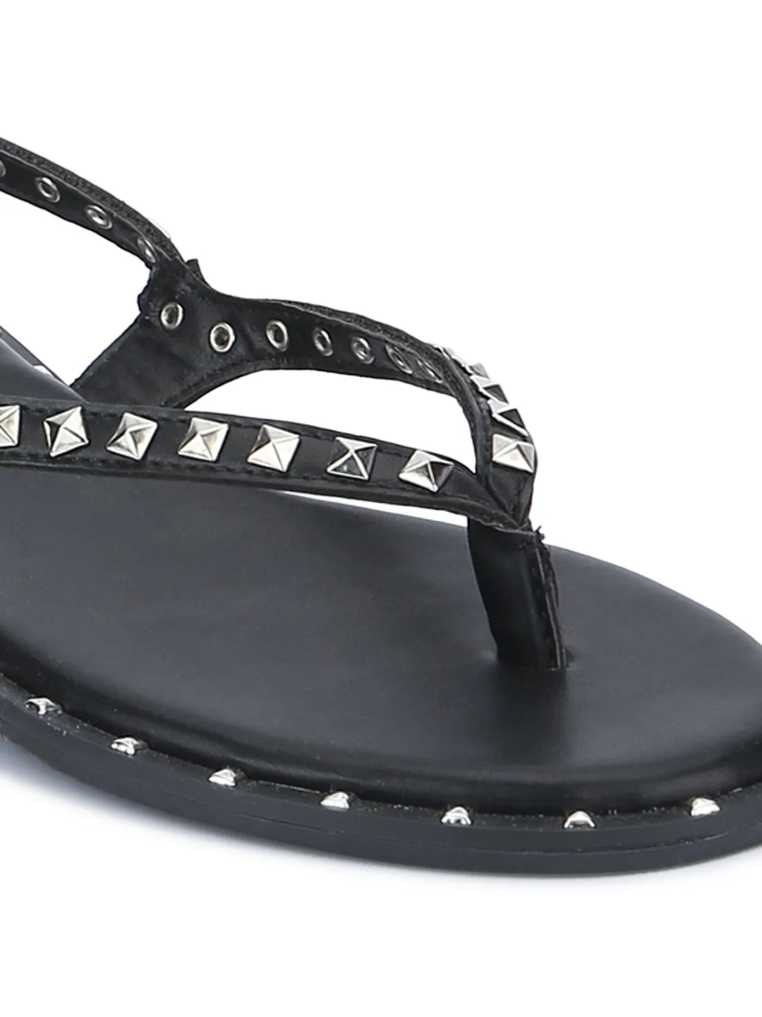 Black PU Studded Strap Slip-On Flats