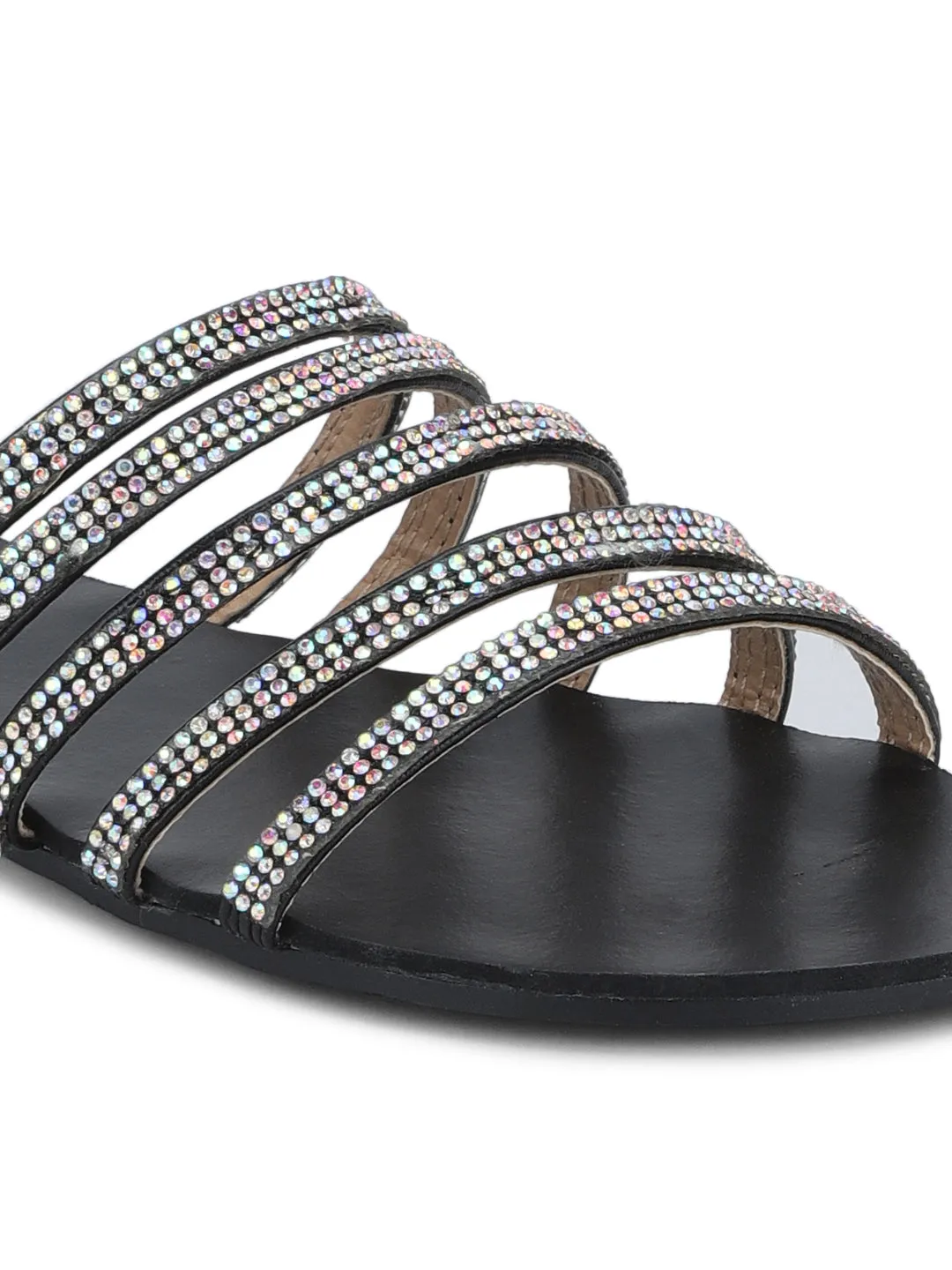 Black Strappy Diamante Slip-on Flats