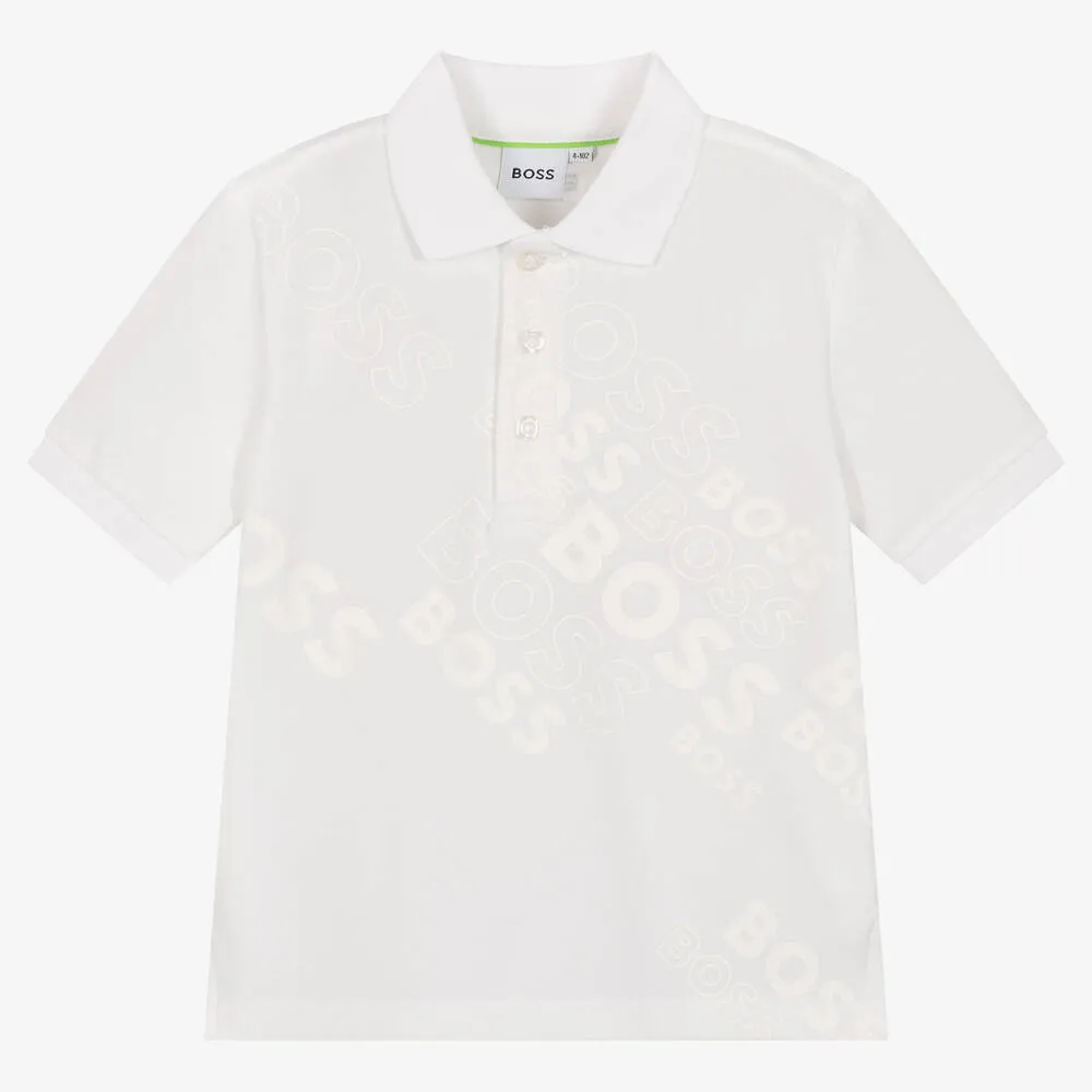 Boys White Cotton Logo Polo Shirt