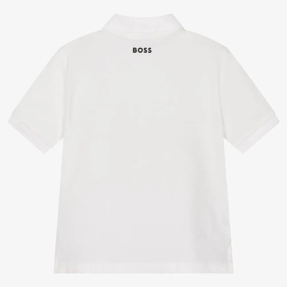 Boys White Cotton Logo Polo Shirt