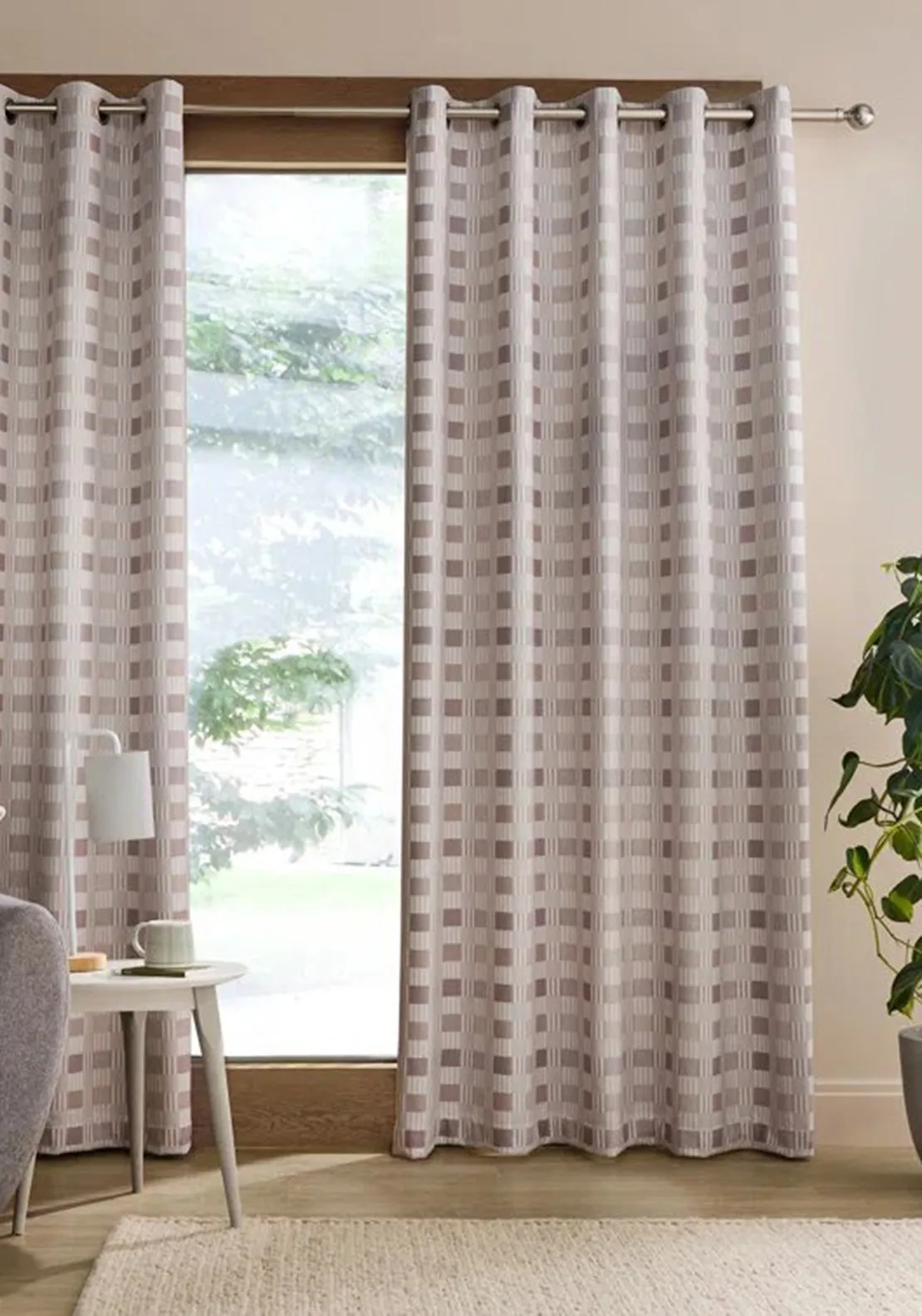 Catherine Lansfield Wilson Check Thermal Blackout Eyelet Curtains 90”x 90”, Natural