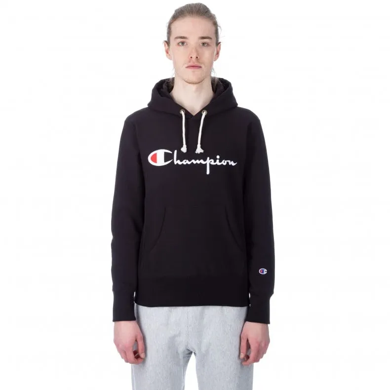 Champion Reverse Weave Script Applique Pullover Hooded Sweatshirt (New Black)