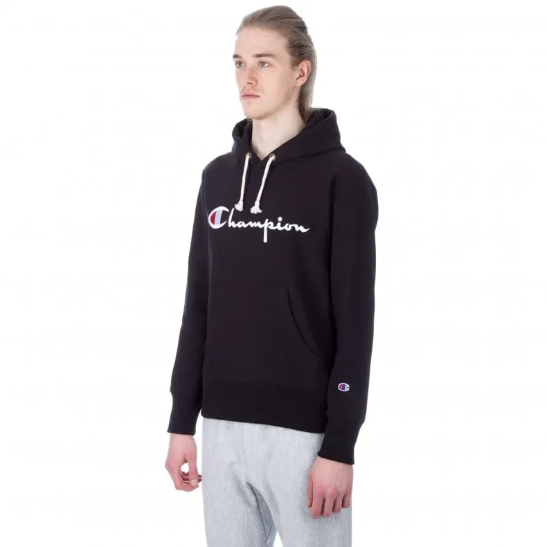 Champion Reverse Weave Script Applique Pullover Hooded Sweatshirt (New Black)