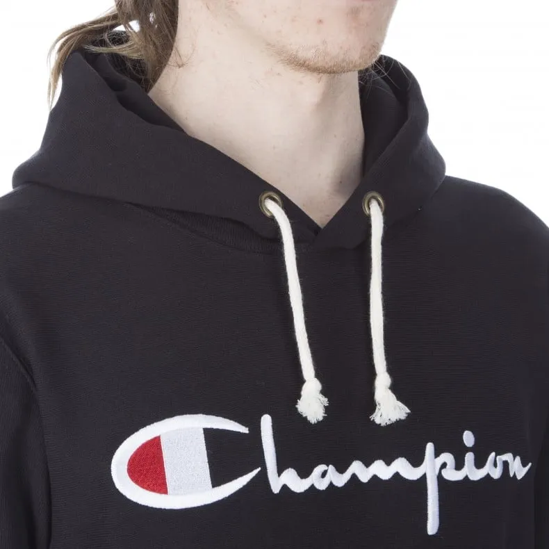 Champion Reverse Weave Script Applique Pullover Hooded Sweatshirt (New Black)