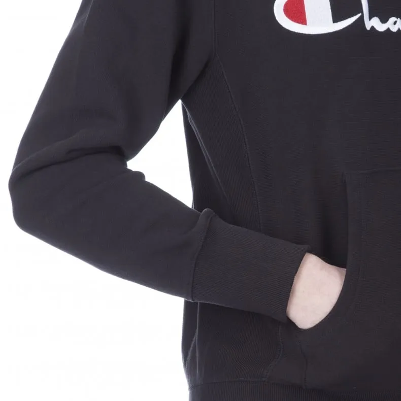 Champion Reverse Weave Script Applique Pullover Hooded Sweatshirt (New Black)