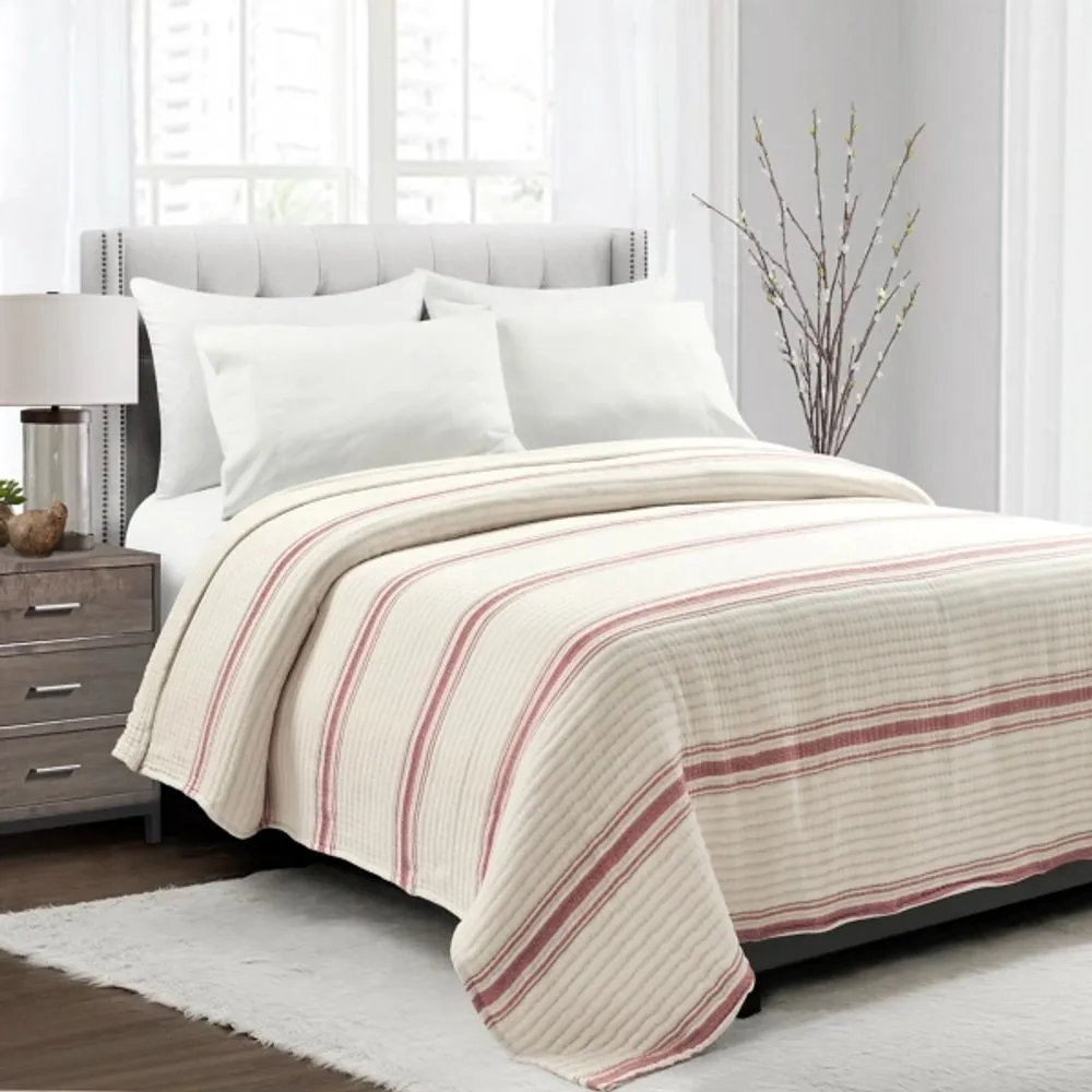 Cherry Red Pick Stitch Stripe Queen Quilt