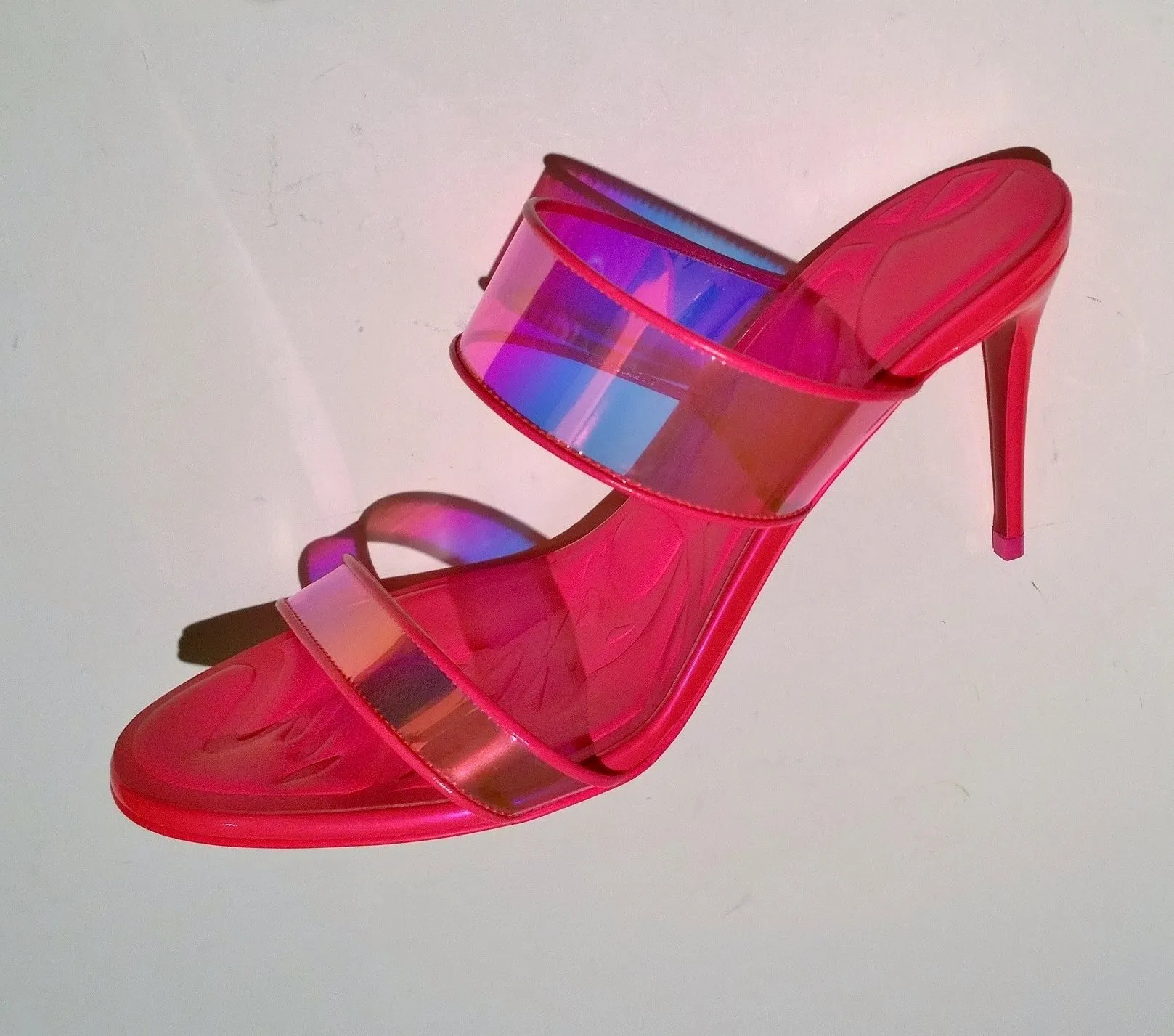 Christian Louboutin Just Loubi 85 Fluorescent Pink PVC Leather Slide Sandals Heels