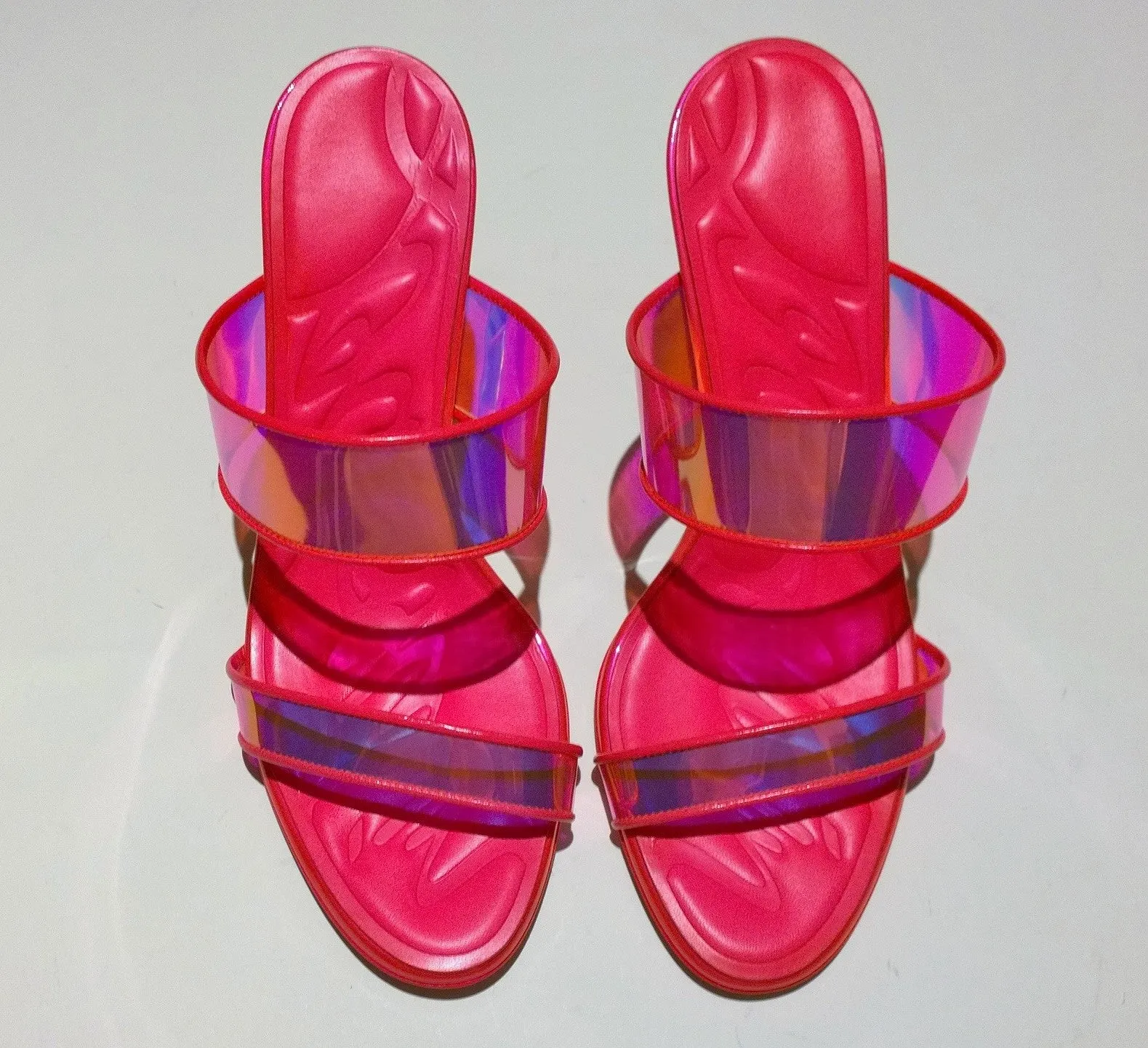 Christian Louboutin Just Loubi 85 Fluorescent Pink PVC Leather Slide Sandals Heels