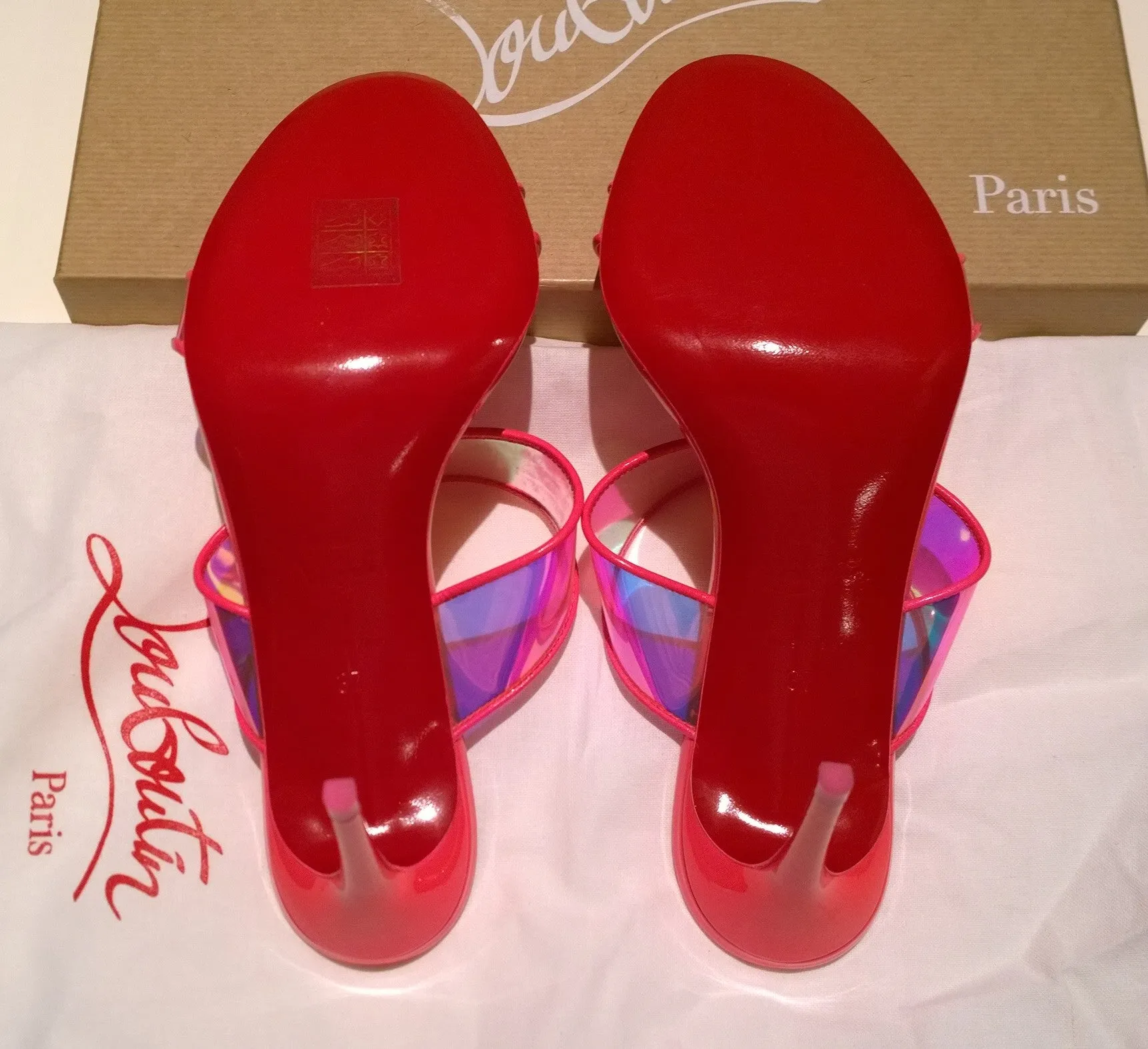 Christian Louboutin Just Loubi 85 Fluorescent Pink PVC Leather Slide Sandals Heels