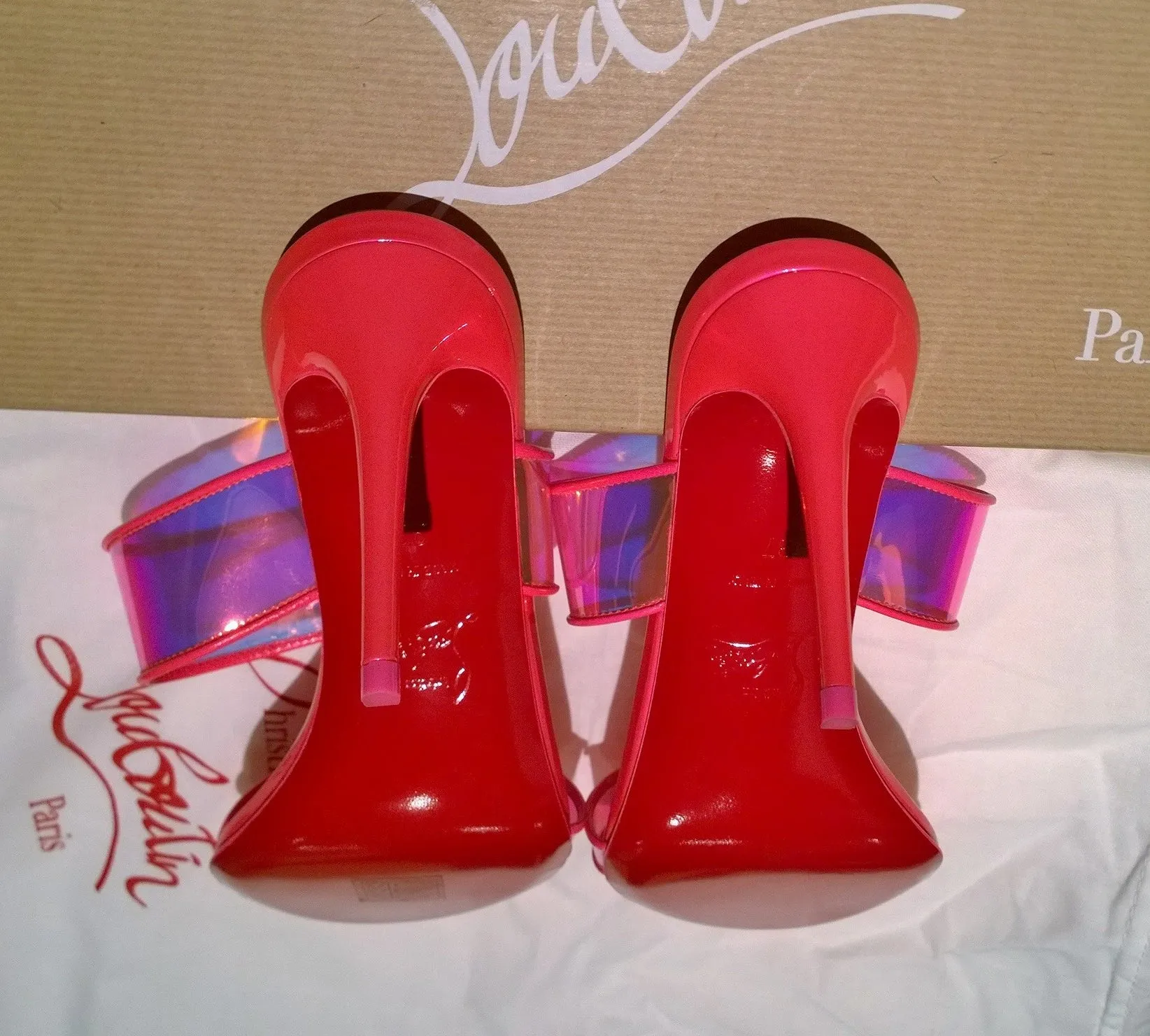 Christian Louboutin Just Loubi 85 Fluorescent Pink PVC Leather Slide Sandals Heels