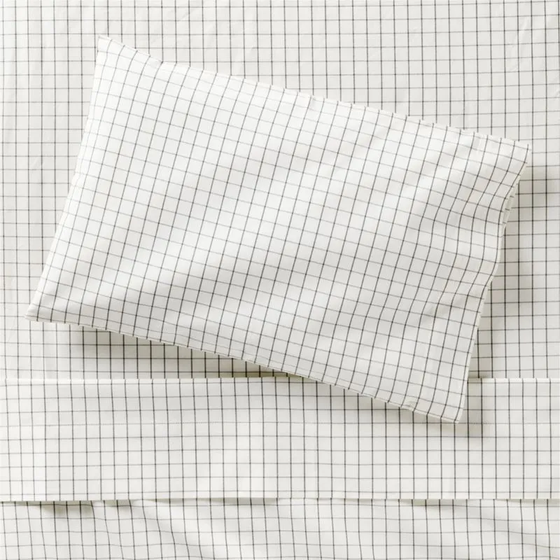 Crate&Barrel Stax Mini Grid Grey Yarn-Dyed Organic Cotton Toddler Sheet Set