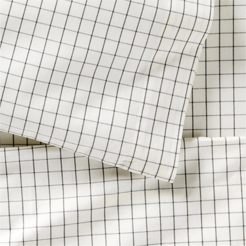 Crate&Barrel Stax Mini Grid Grey Yarn-Dyed Organic Cotton Toddler Sheet Set