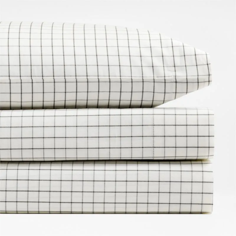 Crate&Barrel Stax Mini Grid Grey Yarn-Dyed Organic Cotton Toddler Sheet Set