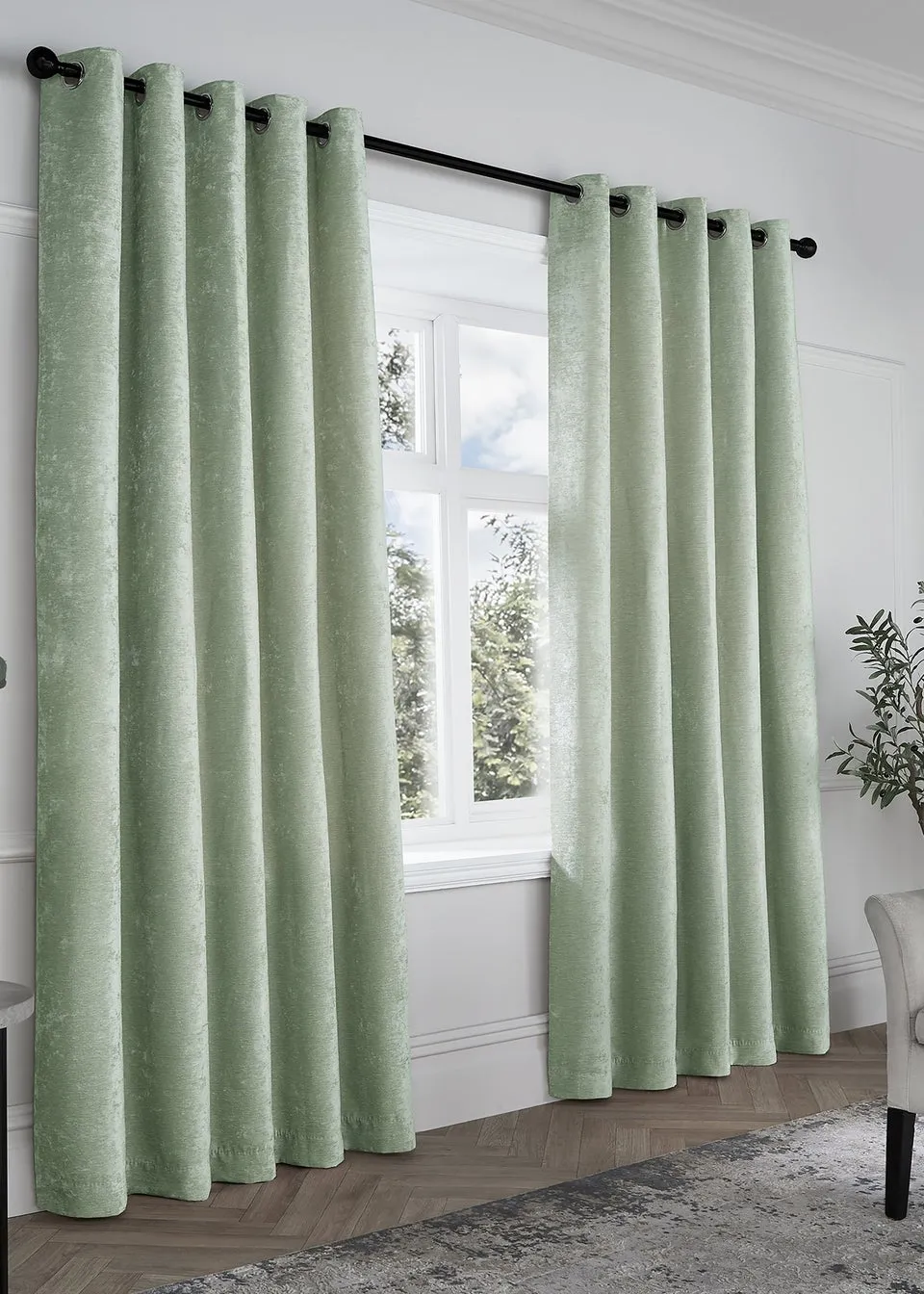 Curtina Textured Chenille Green Eyelet Curtains