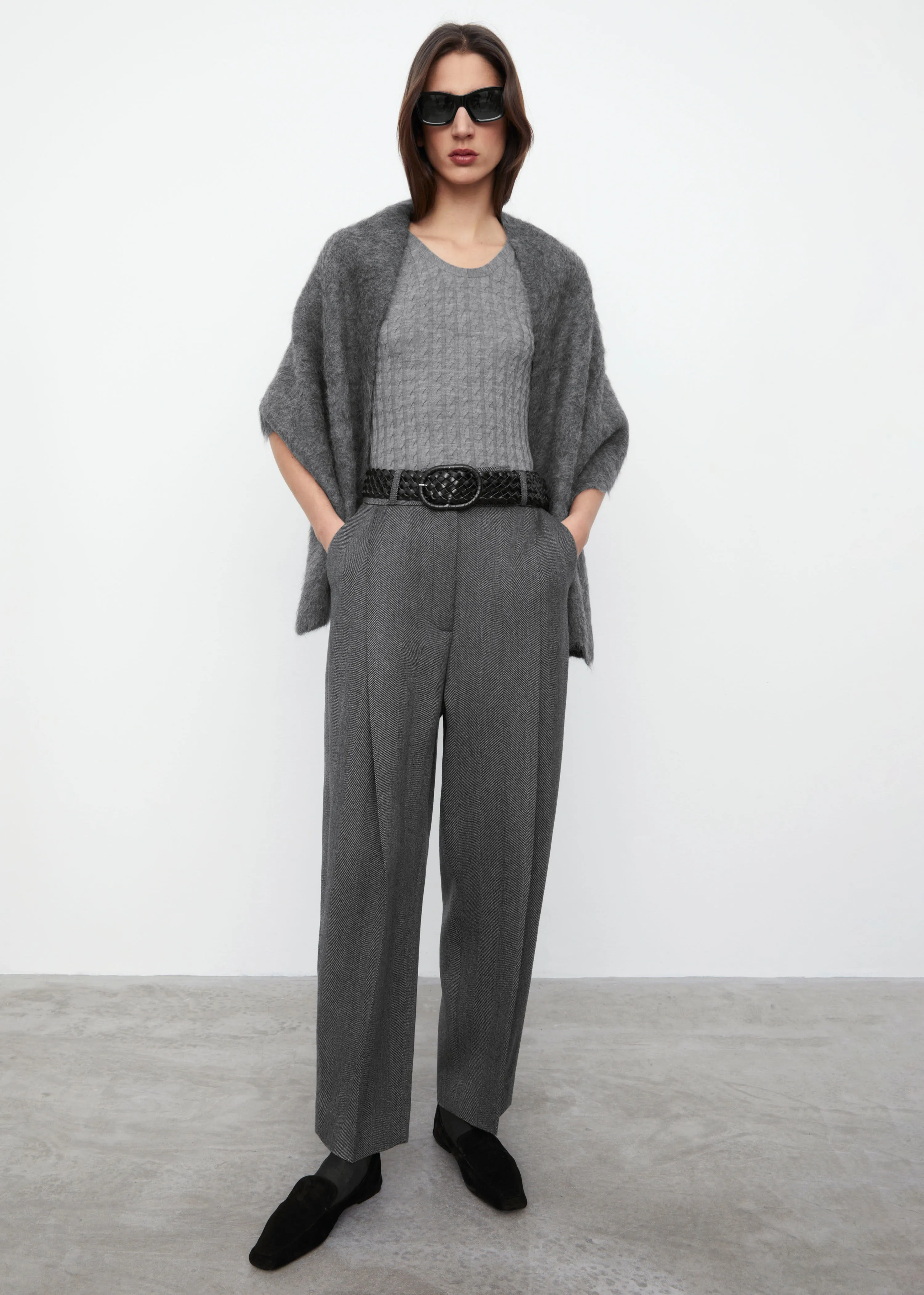 Deep pleat trousers grey herringbone