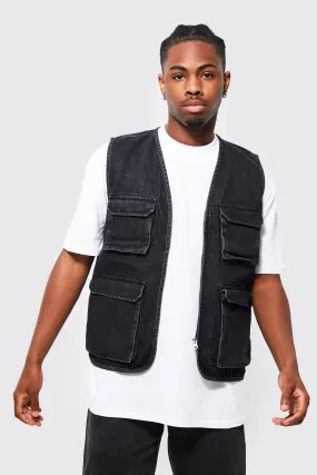 Denim Utility Vest | boohooMAN UK