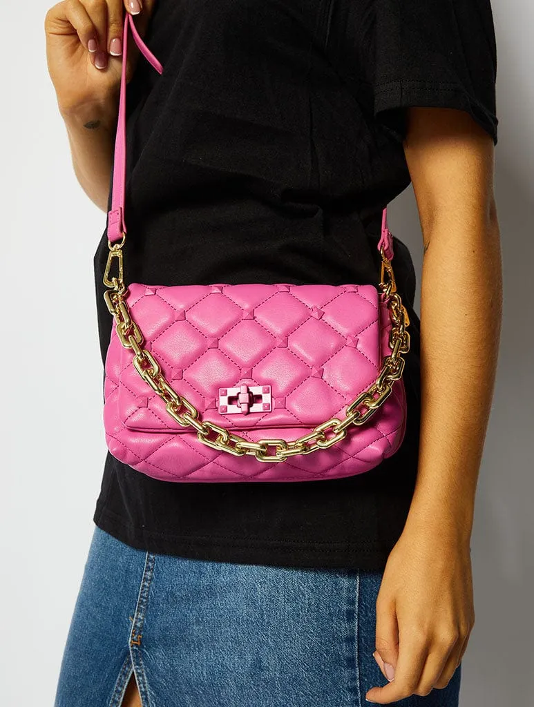 Farah Pink Studded Quilt Chain Shoulder Bag