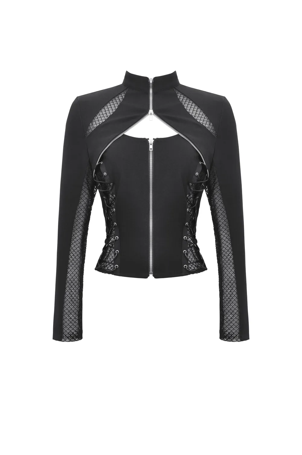 Fashion Mesh Panel High Collar Women's Jacket with Zipper