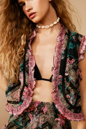 Floral Border Print Ruffle Vest