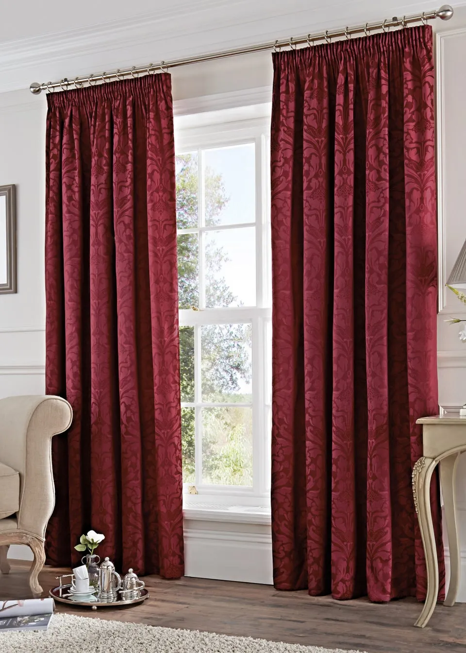 Fusion Eastbourne Jacquard Burgundy Pencil Pleat Curtains