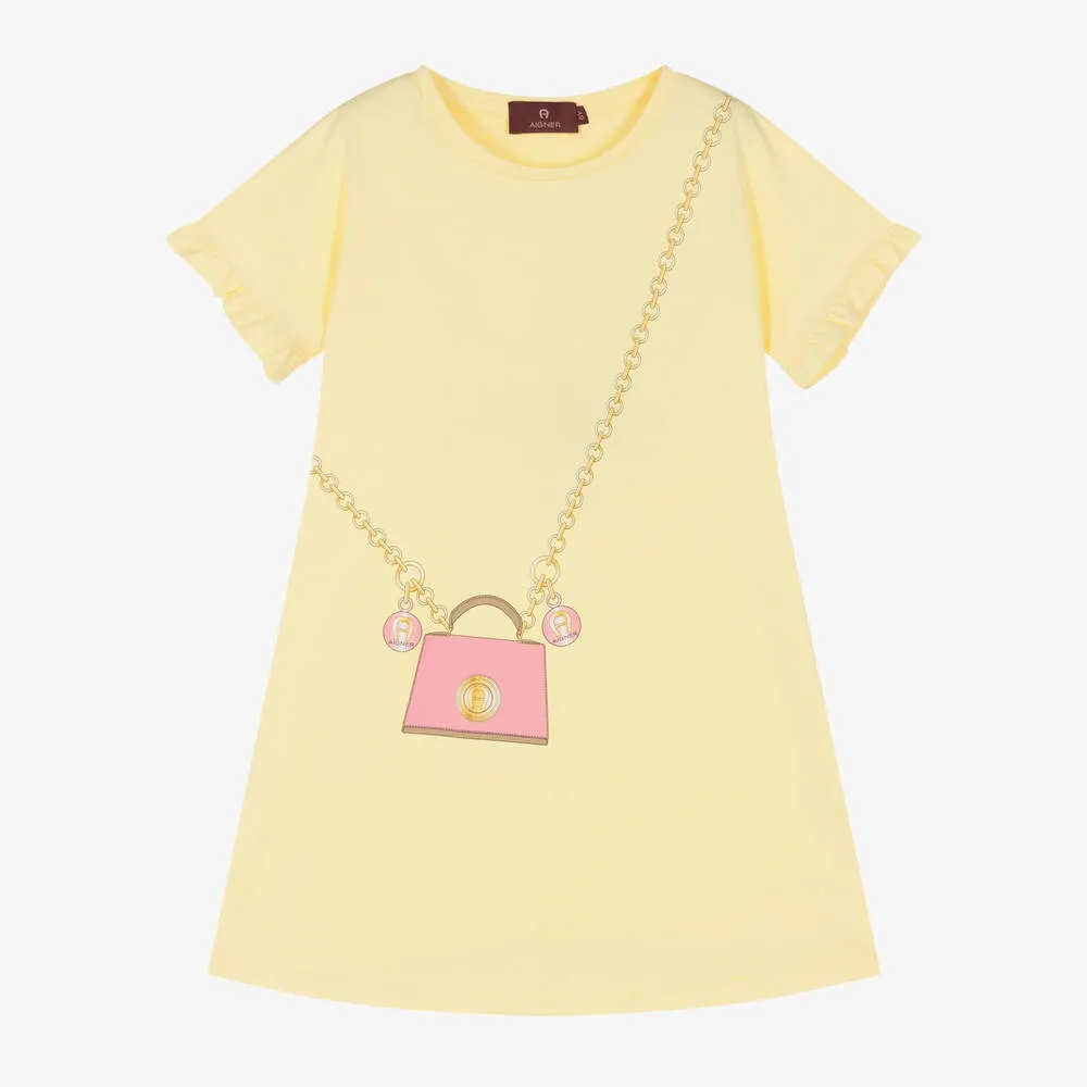 Girls Yellow Cotton Bag Print Dress