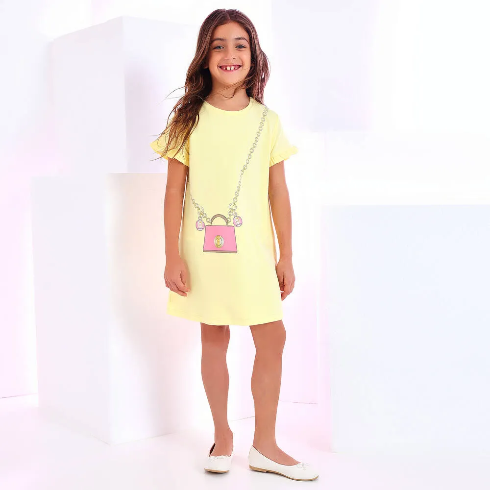 Girls Yellow Cotton Bag Print Dress