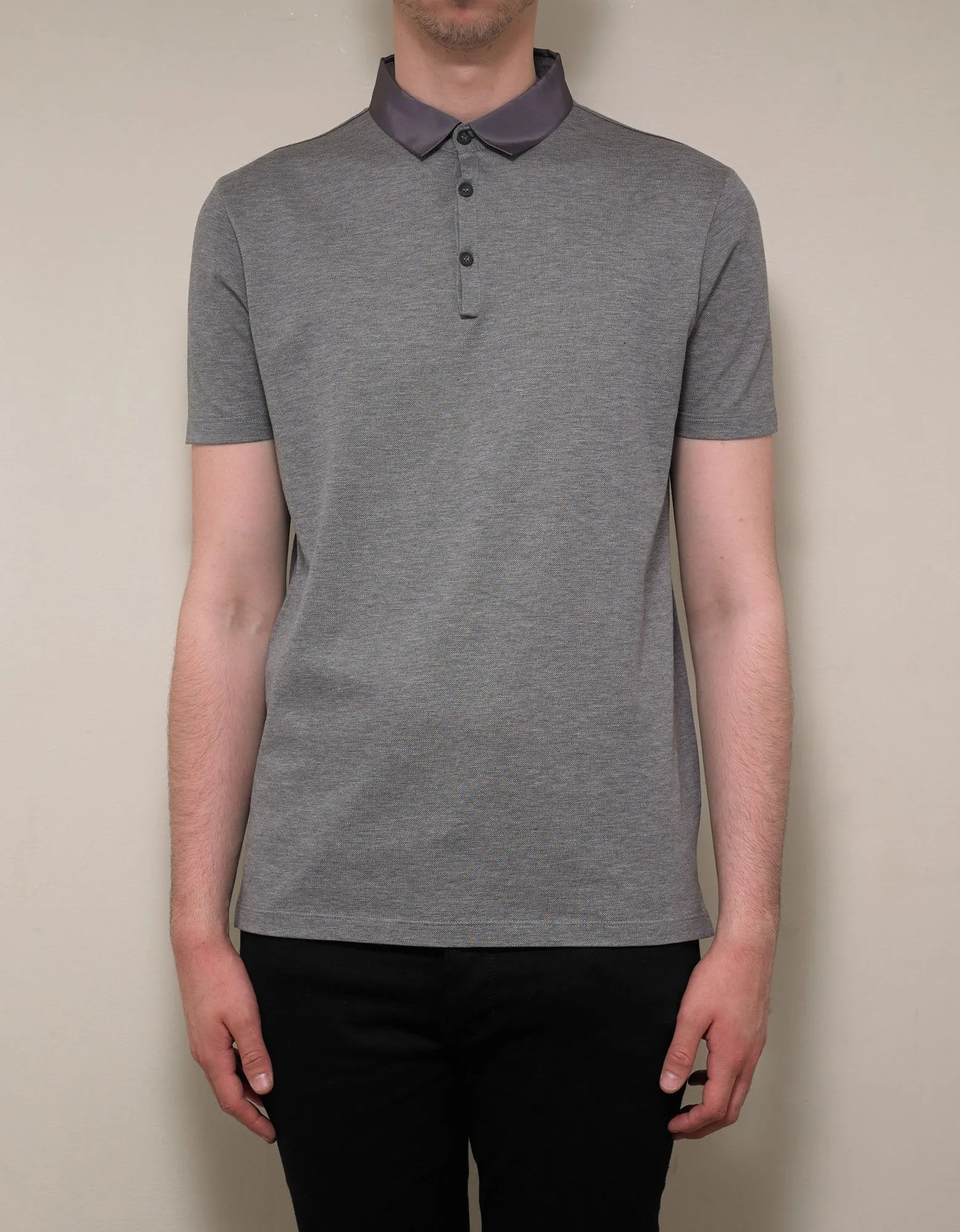 Grey Grosgrain Collar Polo T-Shirt -