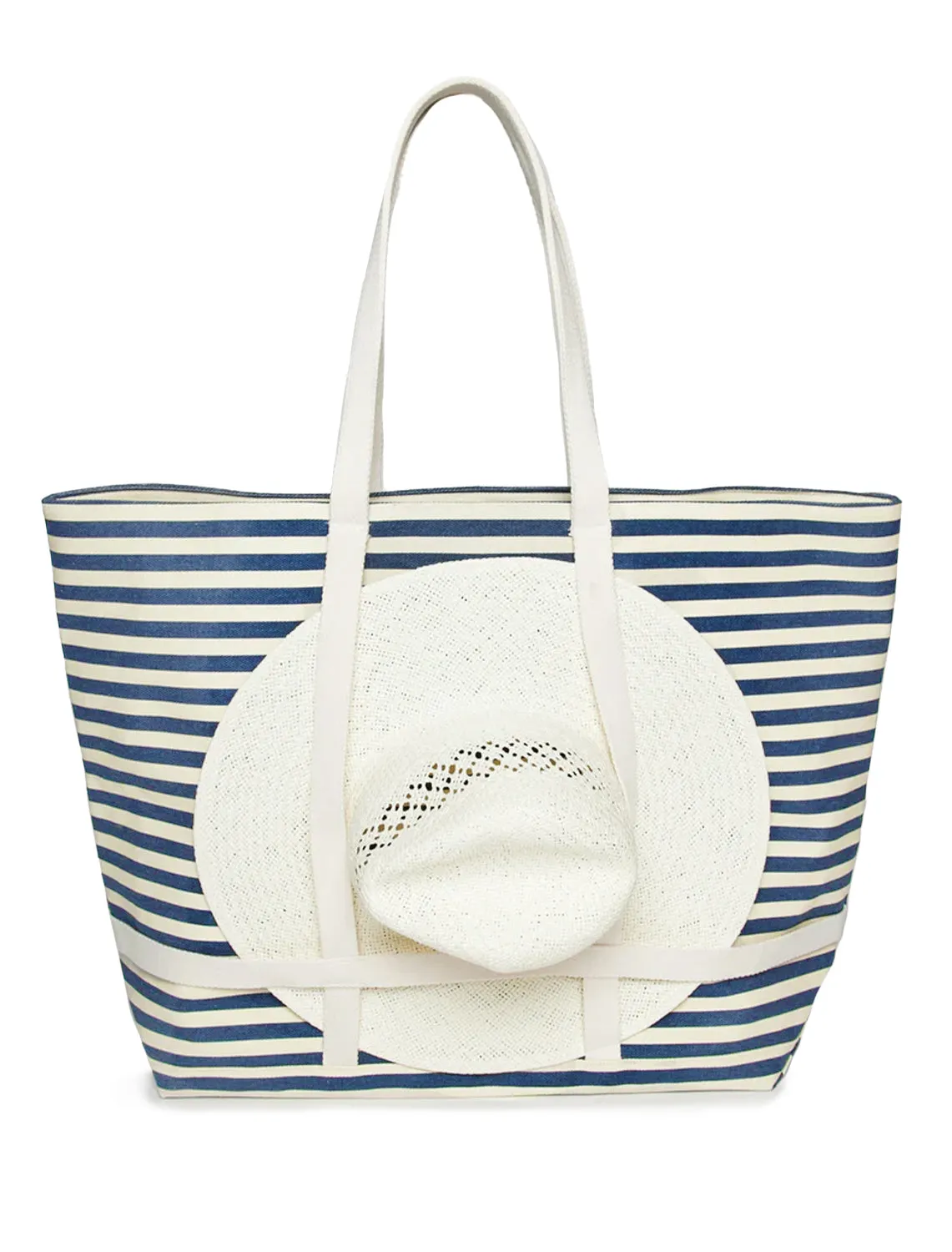     Hat Attack   sunhat sized traveler tote in navy stripe