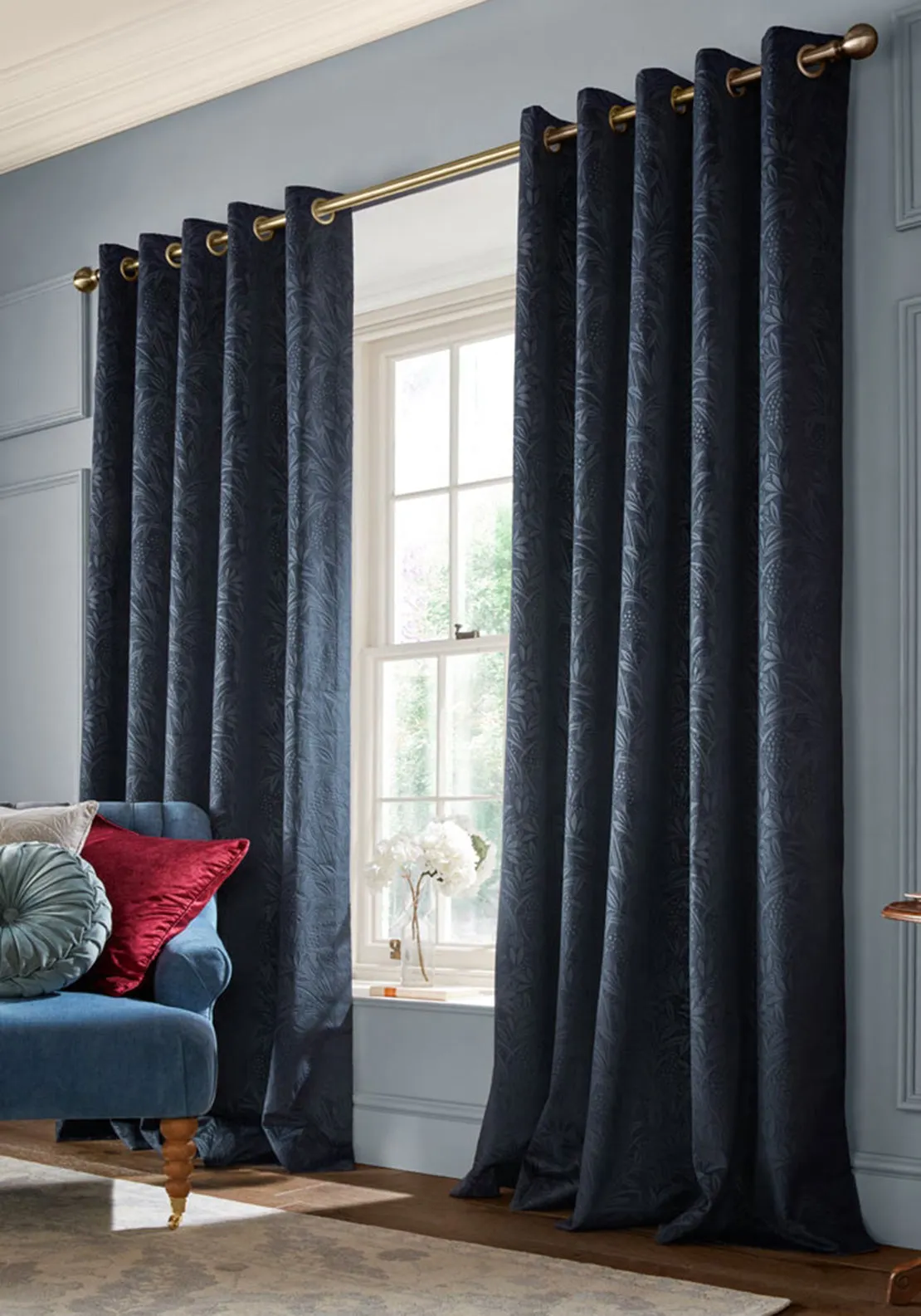 Laura Ashley Barley Embossed Lined Eyelet Curtains 88 x 90, Midnight