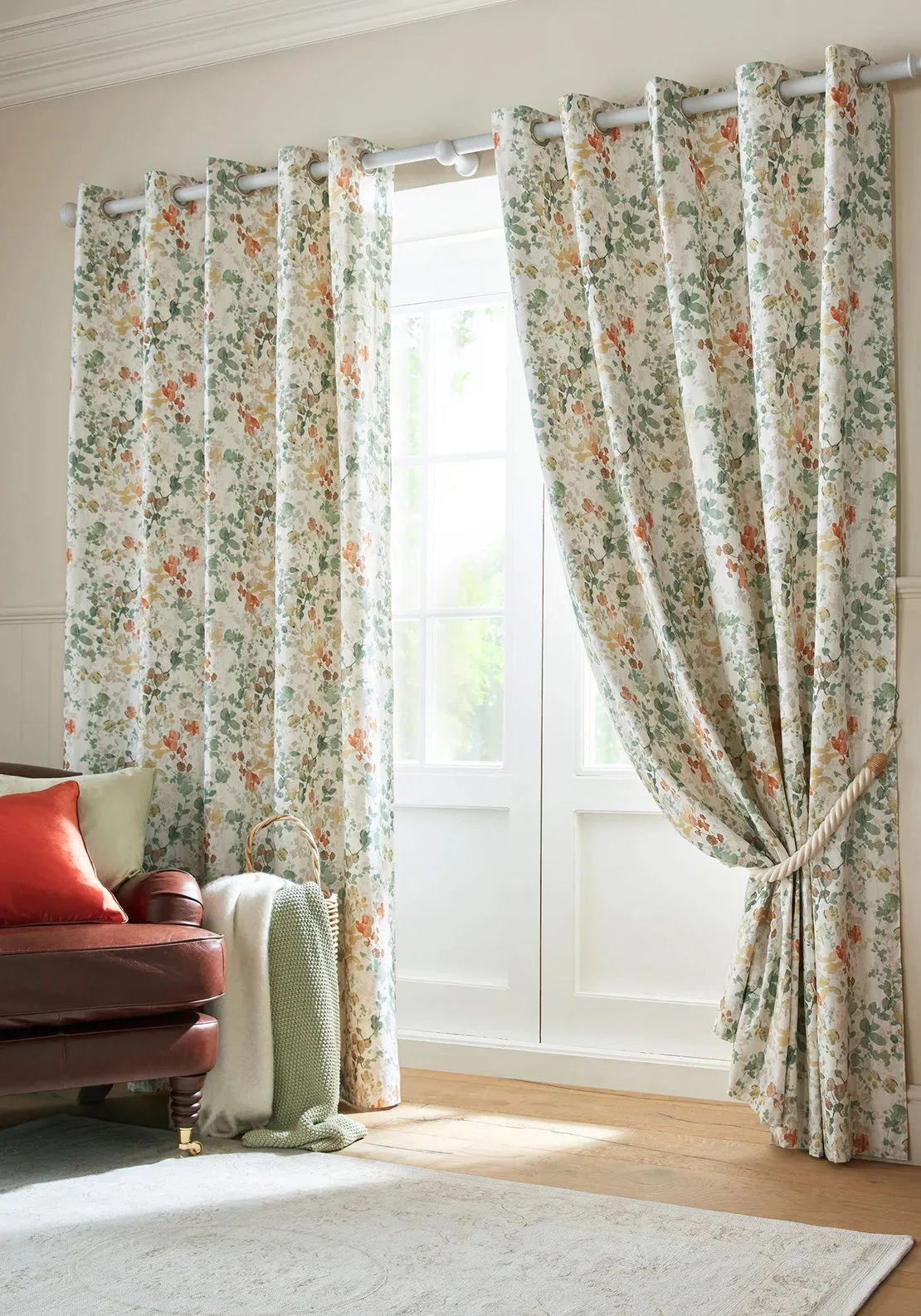 Laura Ashley Old Castle Leaves Fully Lined Eyelet Curtains 88x 90, Fern Green