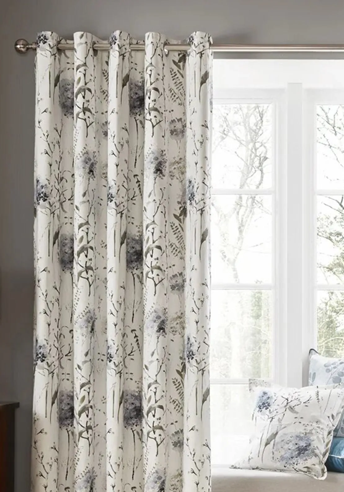 Laura Ashley Pallington Bloom Lined Eyelet Curtains 88”x 90”, Smoke Blue