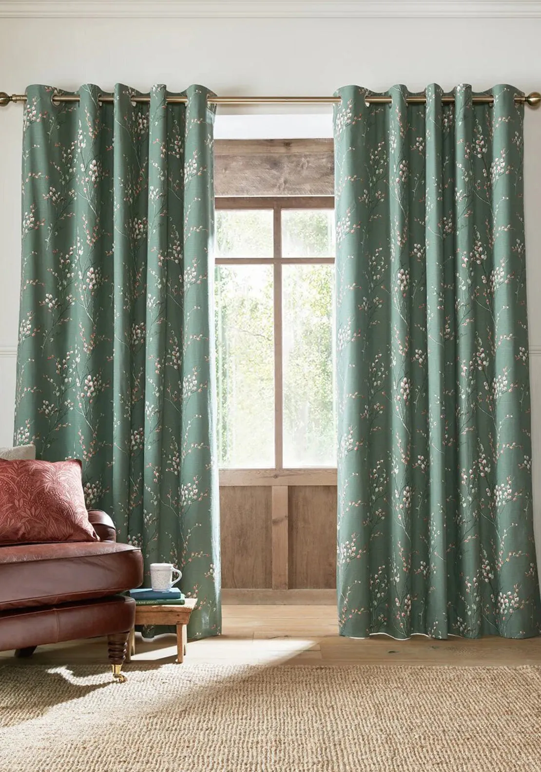 Laura Ashley Pussy Willow Fern Lined Eyelet Curtains 88”x 90”, Green