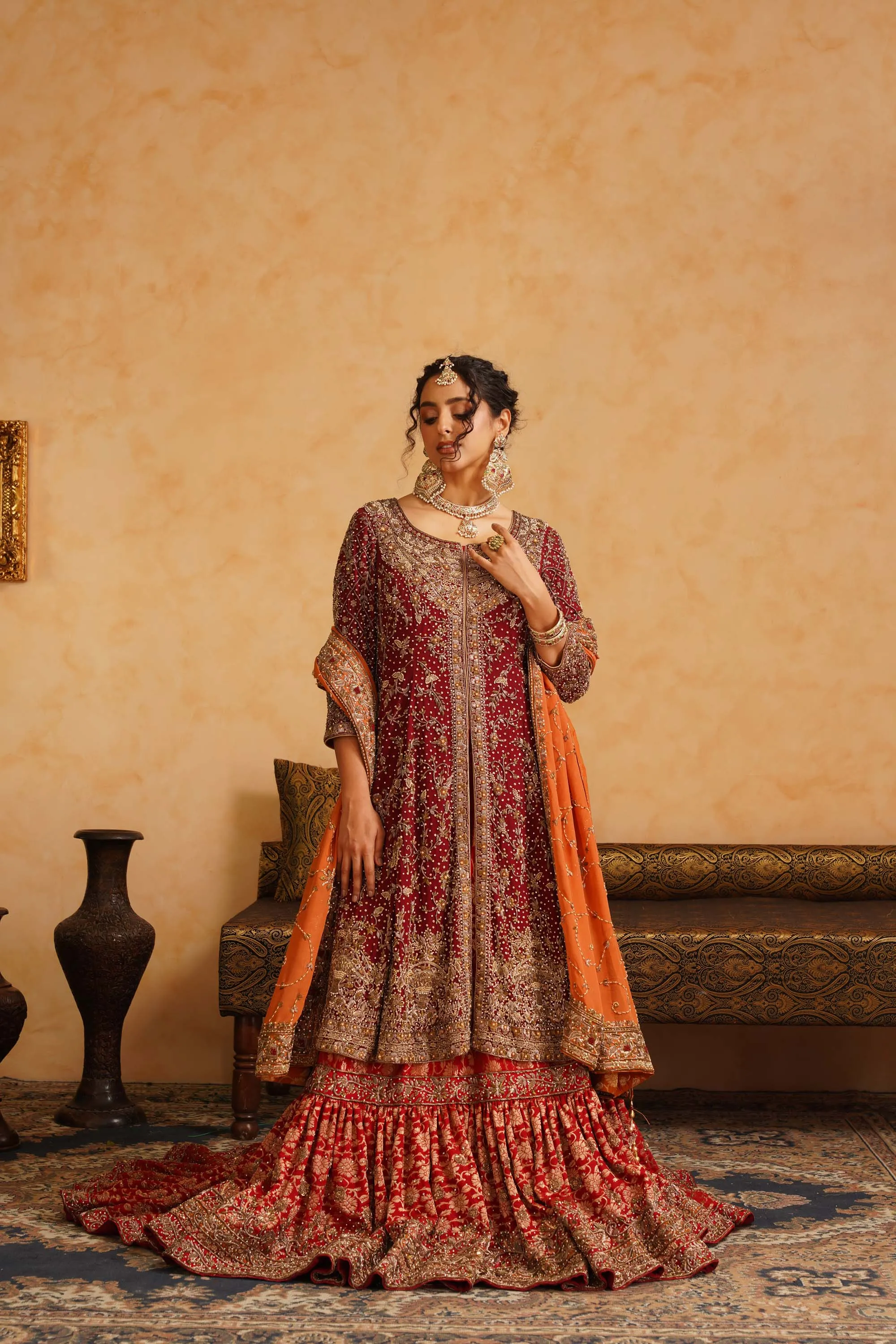 Maroon Red Rust Farshi Gharara With A High Low Jacket