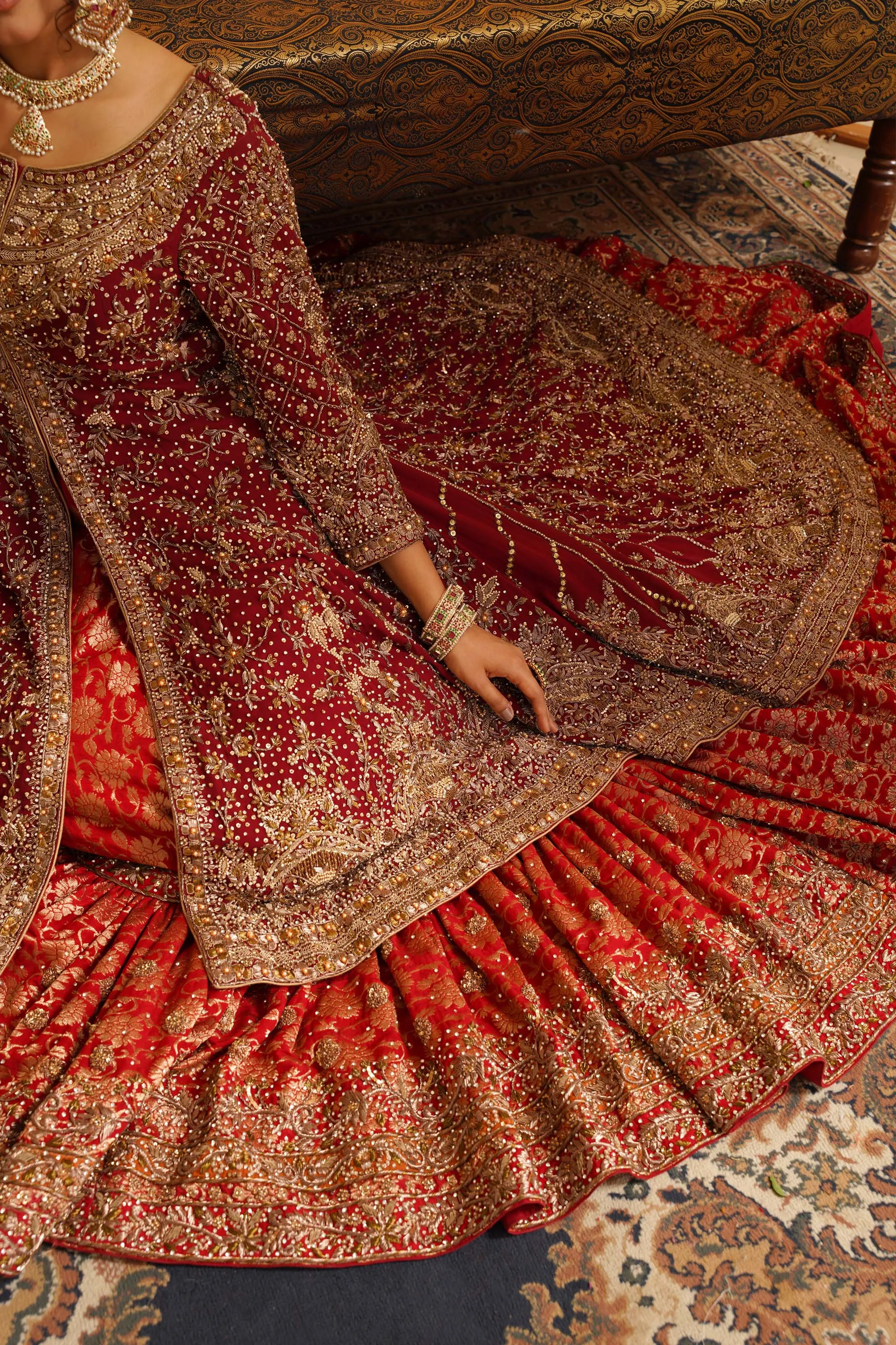 Maroon Red Rust Farshi Gharara With A High Low Jacket