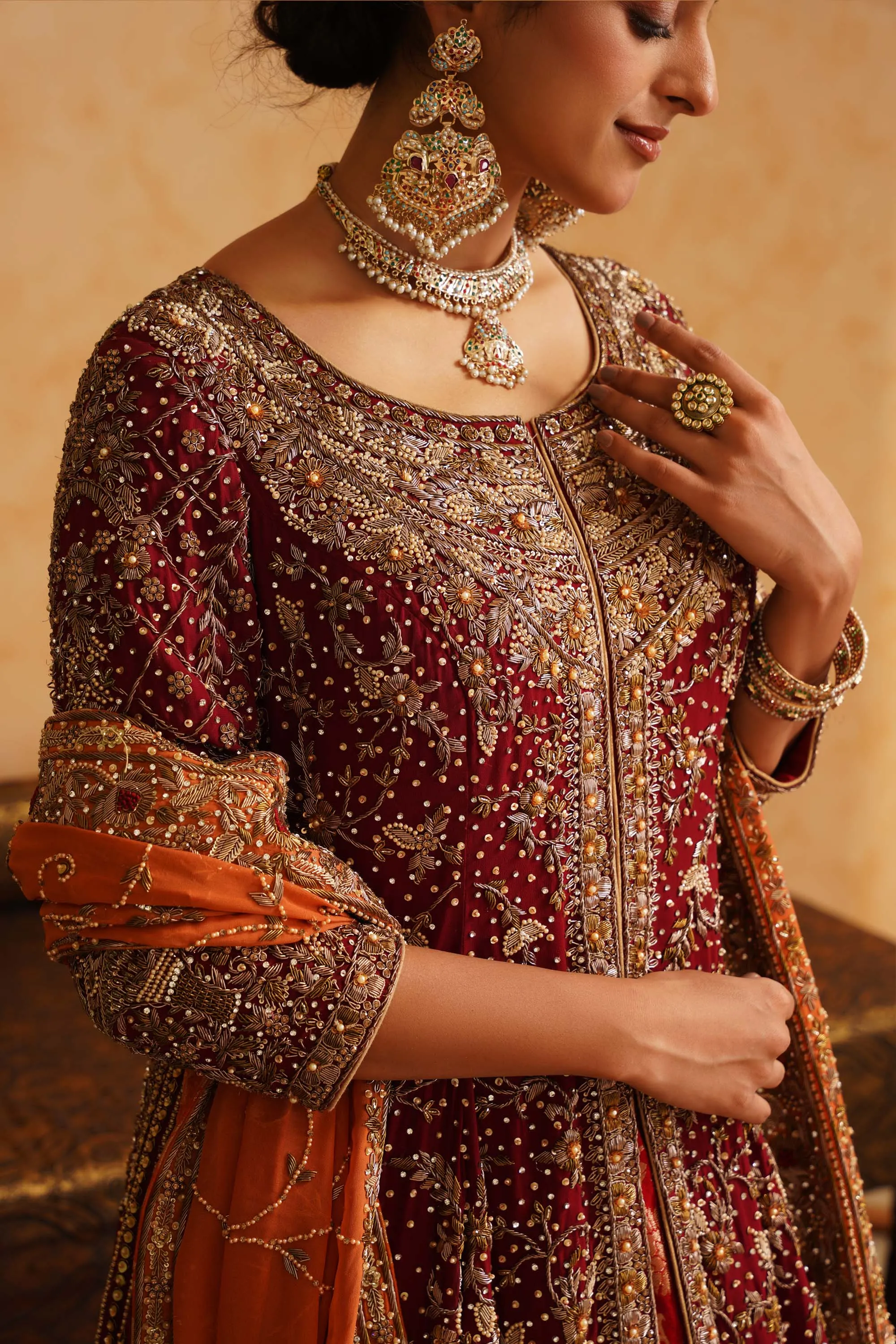 Maroon Red Rust Farshi Gharara With A High Low Jacket