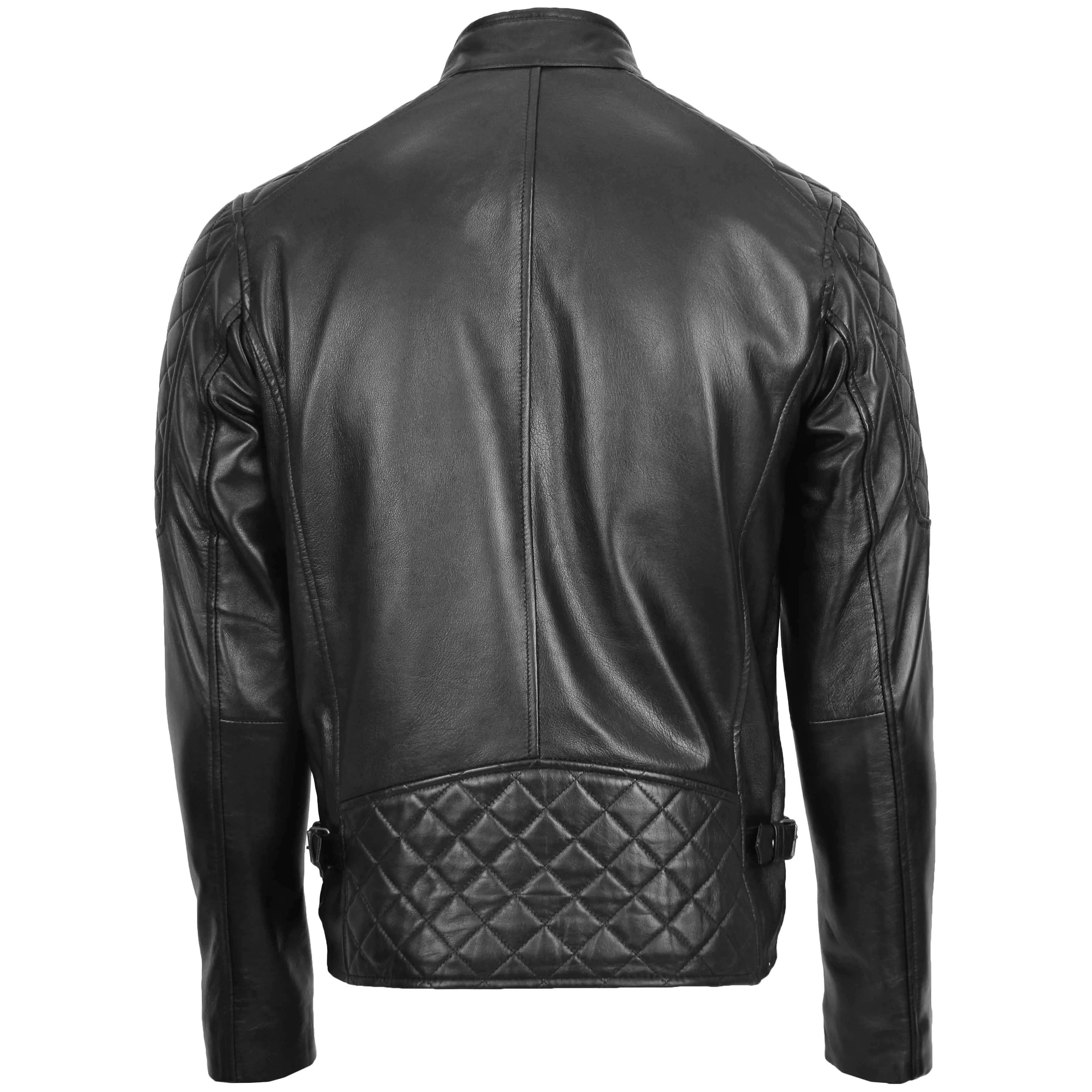 Mens Leather Biker Style Jacket with Quilt Detail Jackson Black