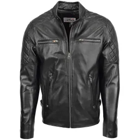 Mens Leather Biker Style Jacket with Quilt Detail Jackson Black