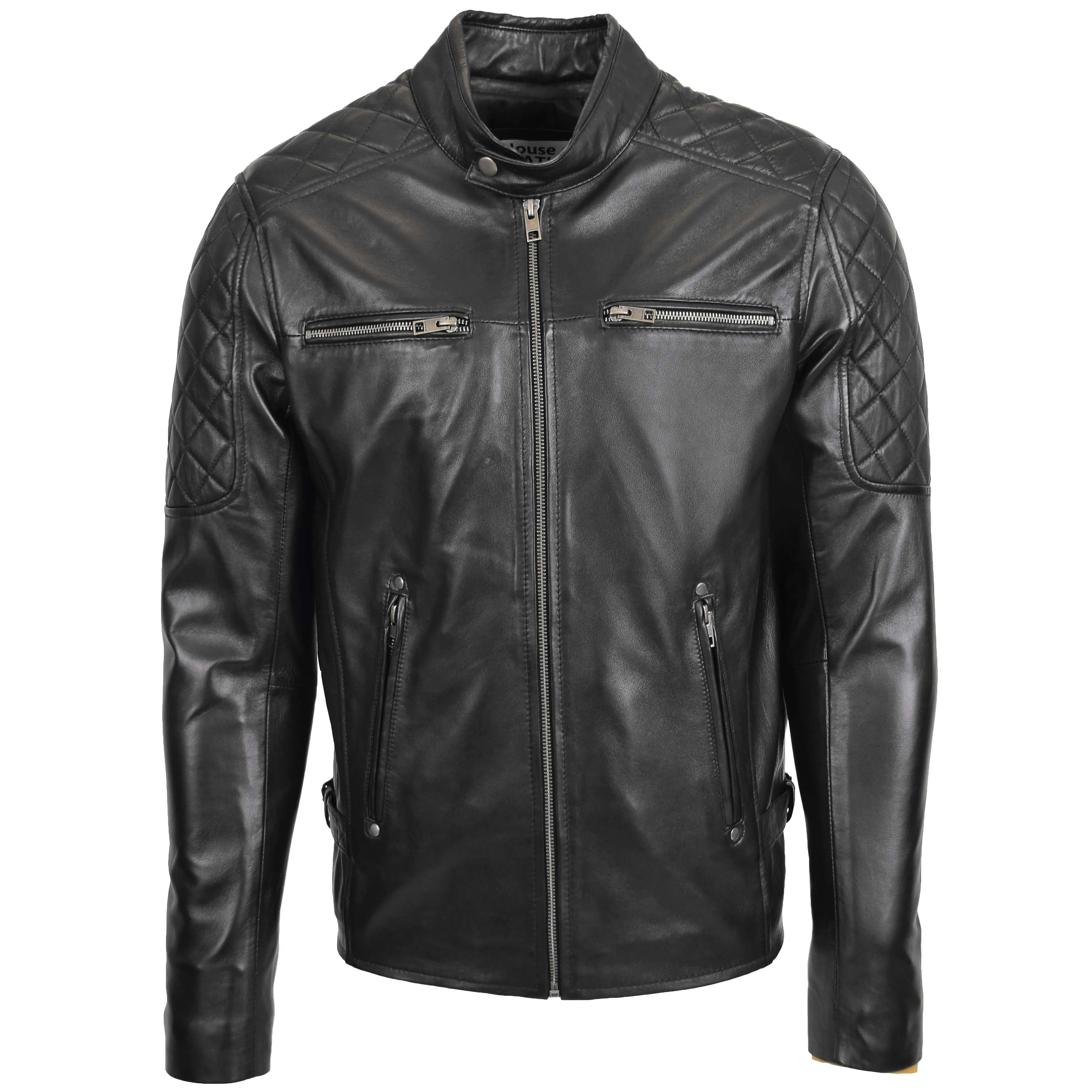 Mens Leather Biker Style Jacket with Quilt Detail Jackson Black