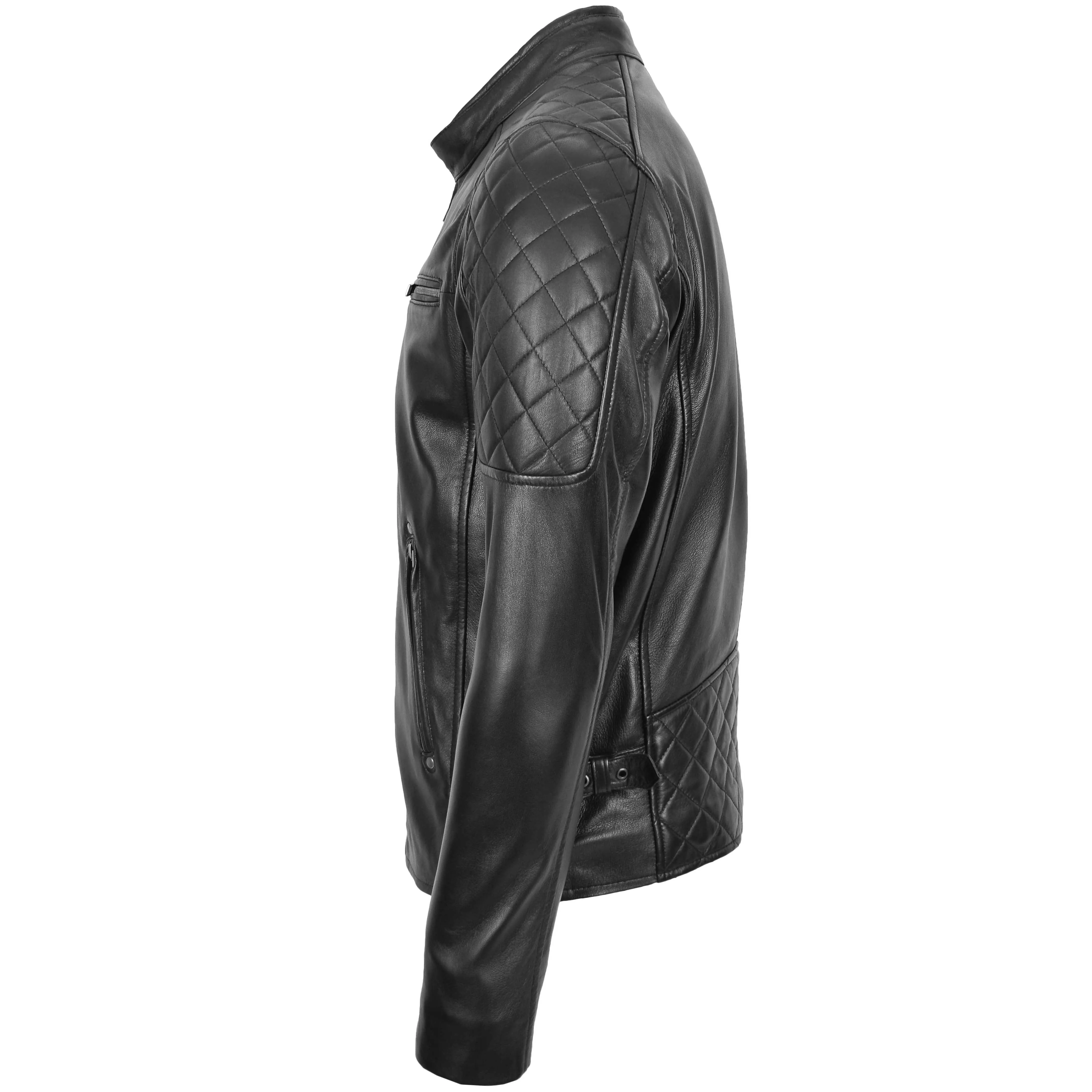 Mens Leather Biker Style Jacket with Quilt Detail Jackson Black